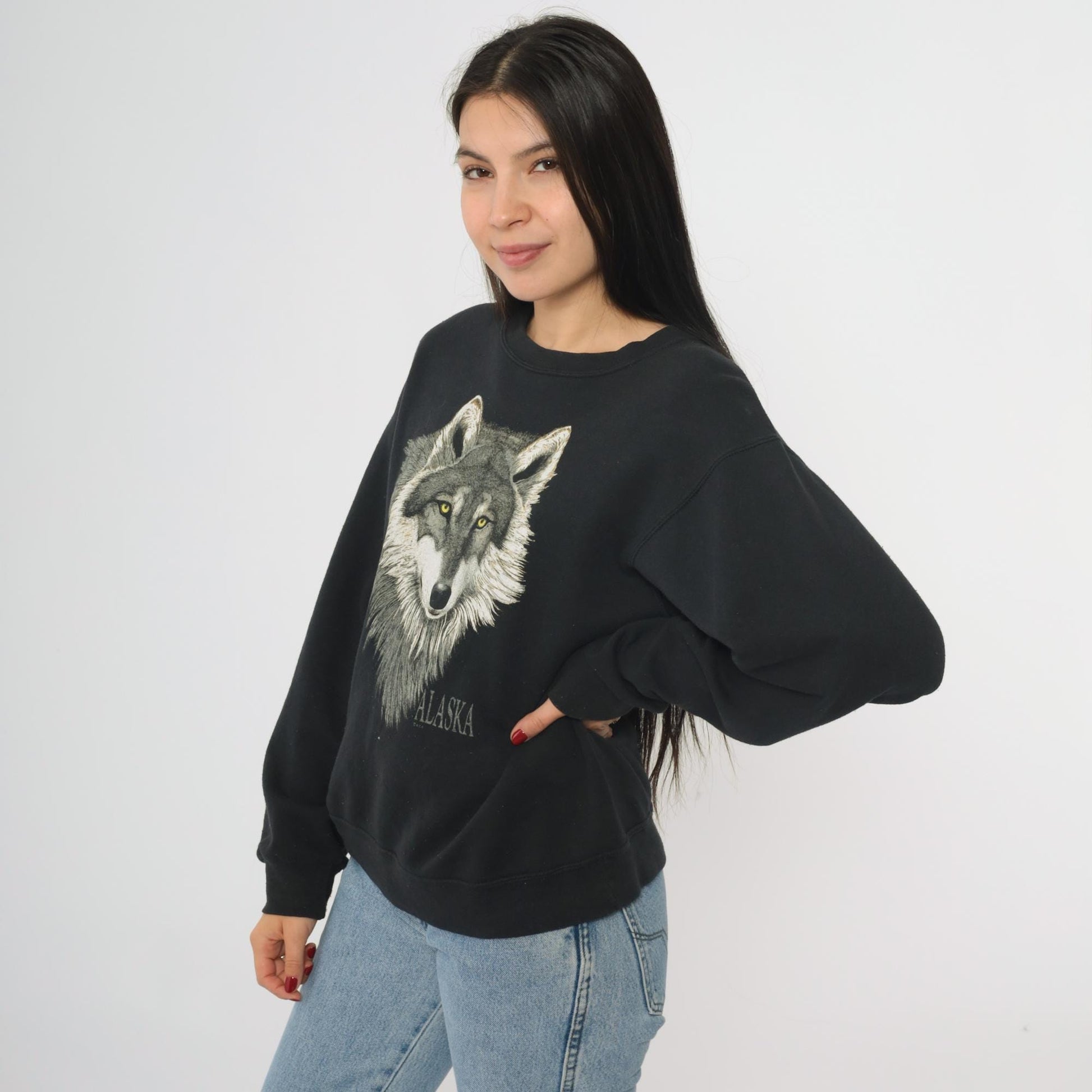 Y2K Wolf Alaska Graphic Sweatshirt Black Crewneck Small S