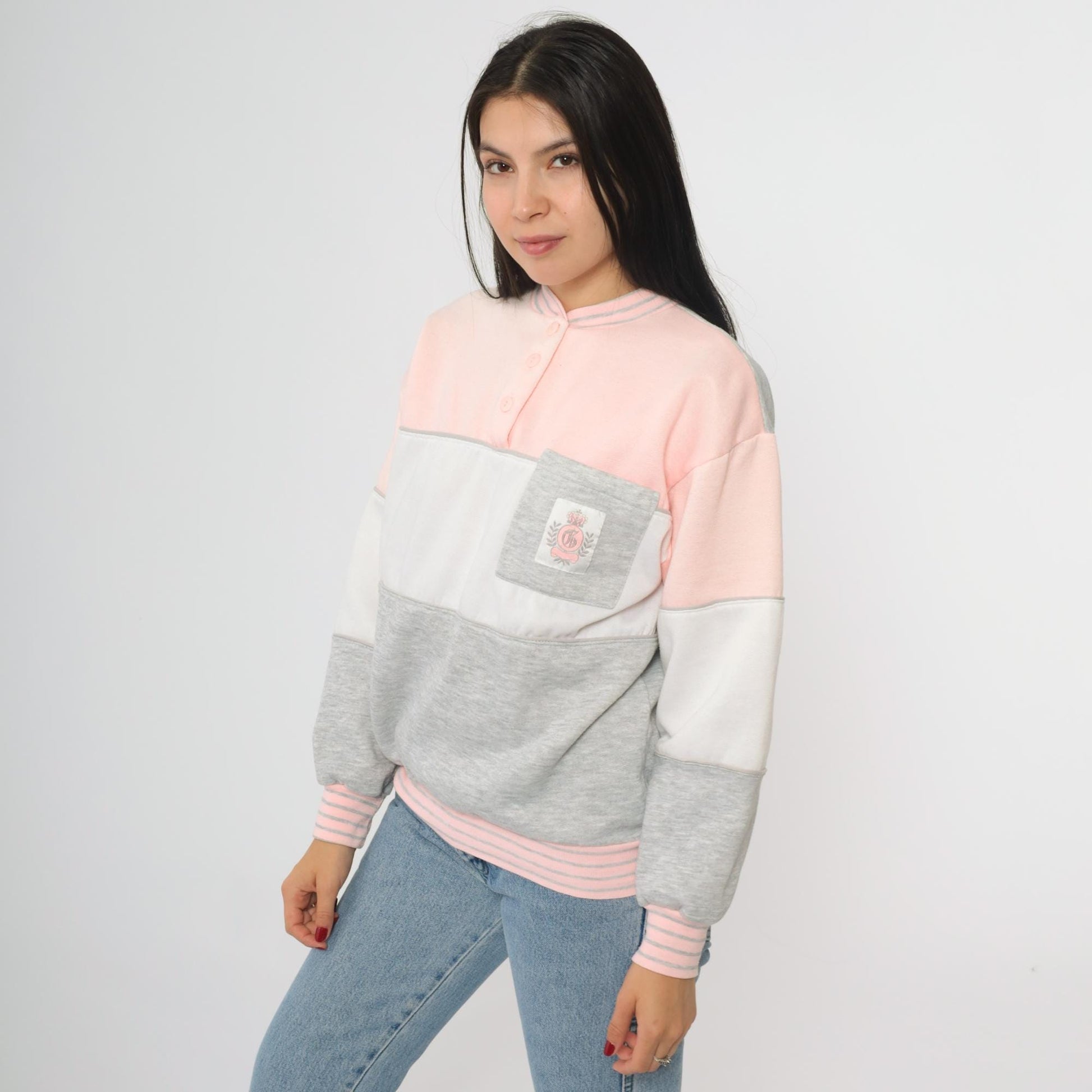 90s Gitano Colorblock Sweatshirt Pink White Grey Henley Collar Medium M