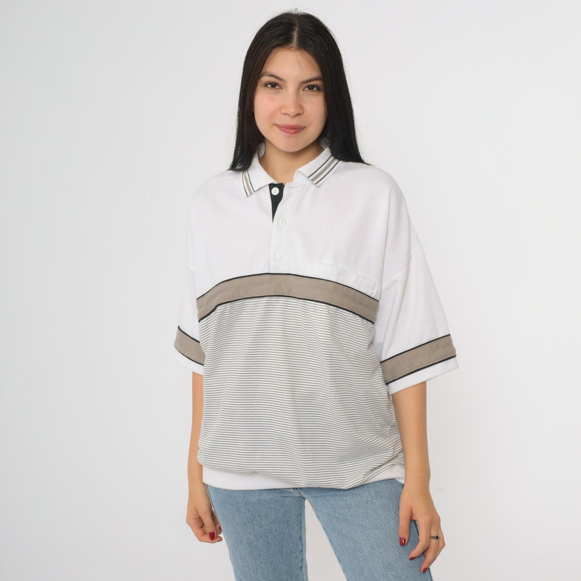 90s Puritan Polo Shirt White Taupe Black Striped Colorblock Large L