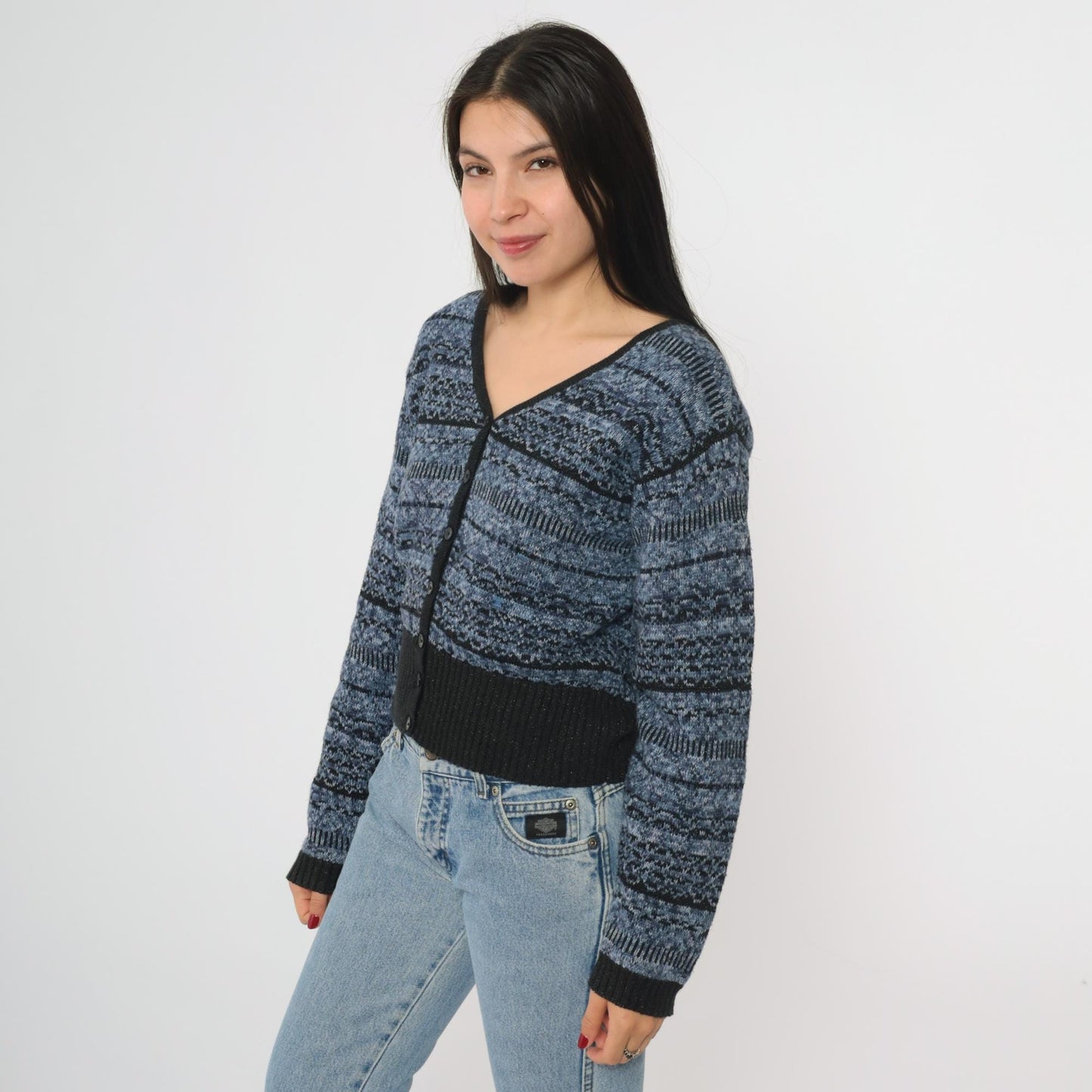 90s Lizwear Petite Blue Black Striped Cardigan V Neck Cotton Knit Small