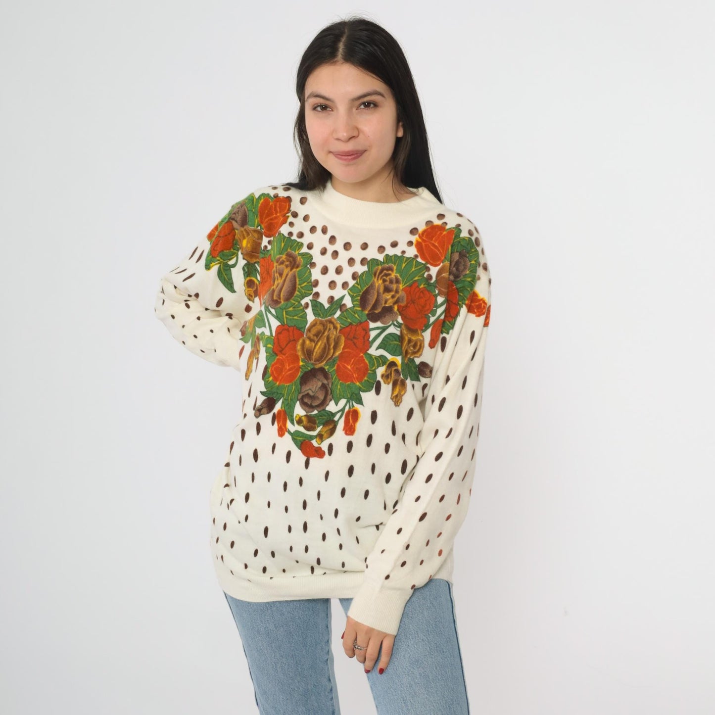 80s General Floral Knit Sweater Cream Rose Heart Print Polka Dot Large
