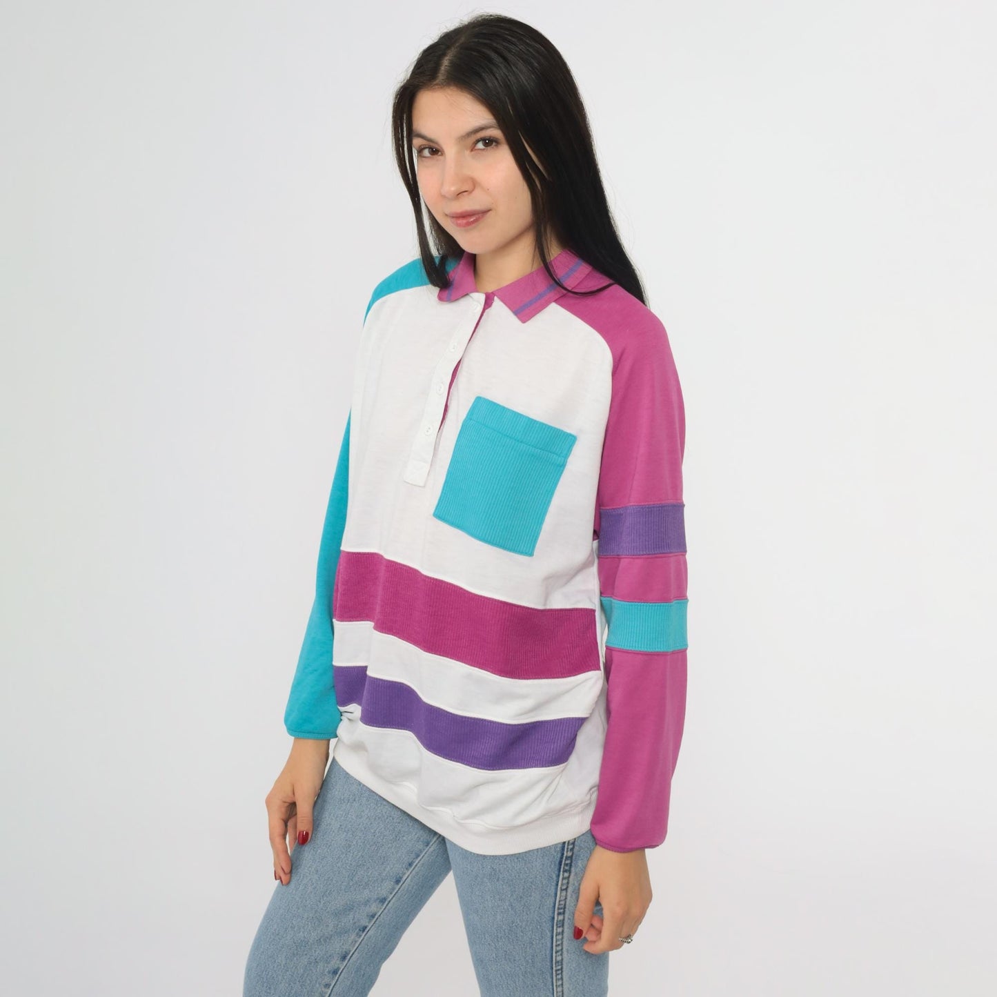 80s Colorblock Polo Shirt Pink Purple Turquoise Geometric Wave Raglan Large
