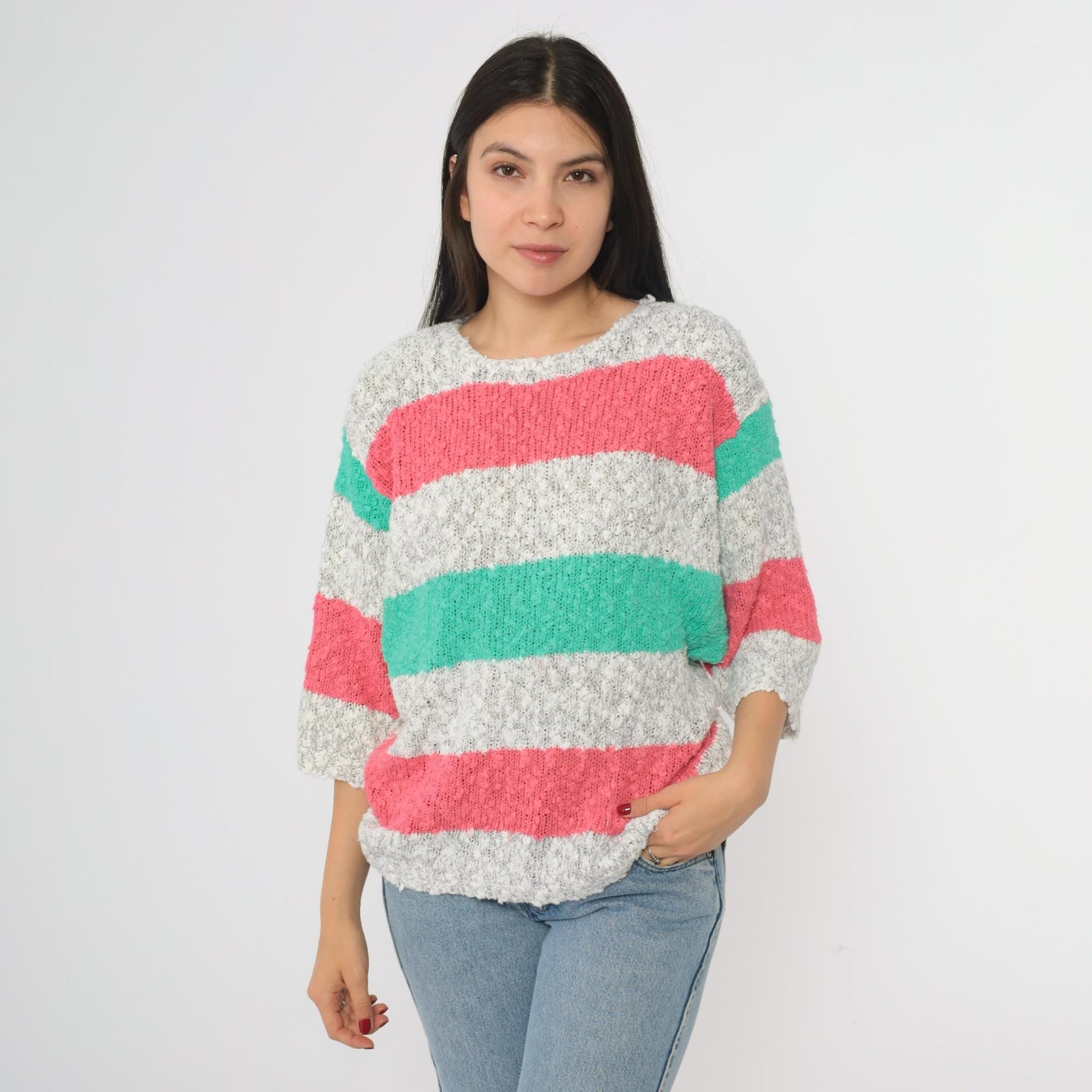 80s Striped Knit Sweater Pink Green Gray Crew Neck Short Sleeve Medium M