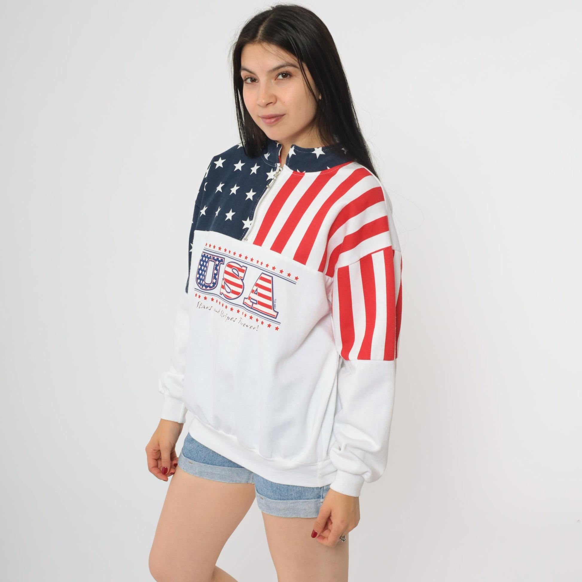 90s USA Flag Half Zip Sweatshirt Stars Stripes Red White Blue Medium