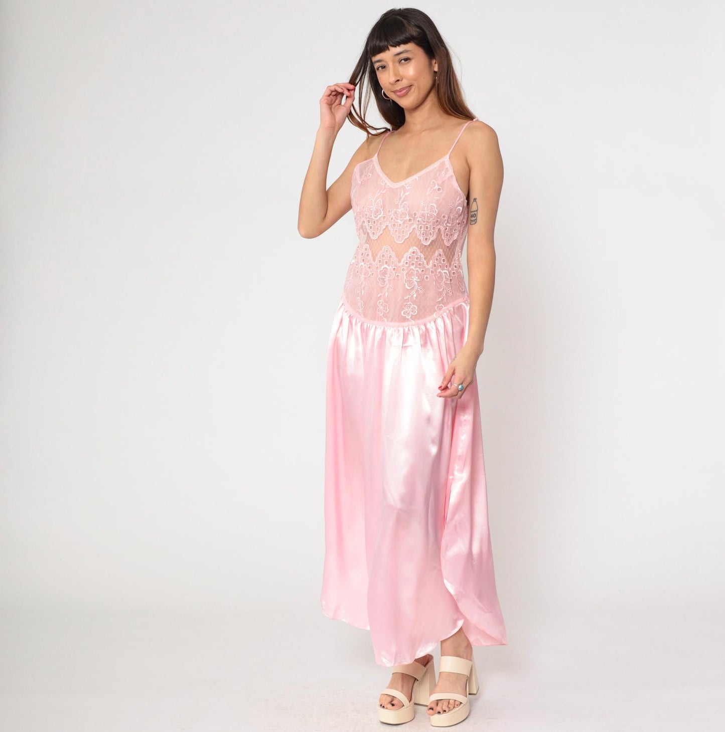 90s Gilligan O'Malley Pink Satin Slip Dress Maxi Lace Bodice Medium M