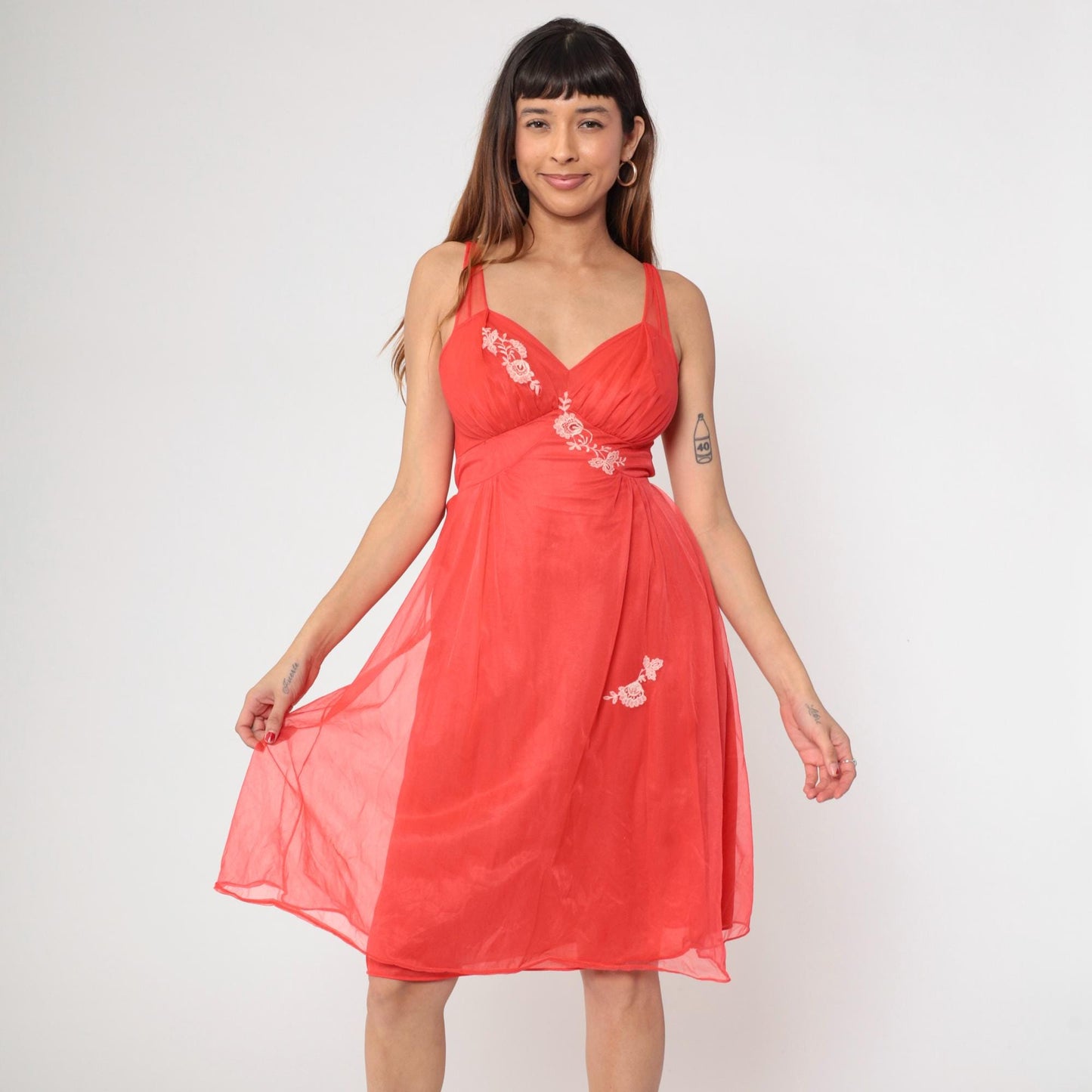 70s Red Nylon Lingerie Slip Dress Floral Embroidered Empire Waist Midi Medium