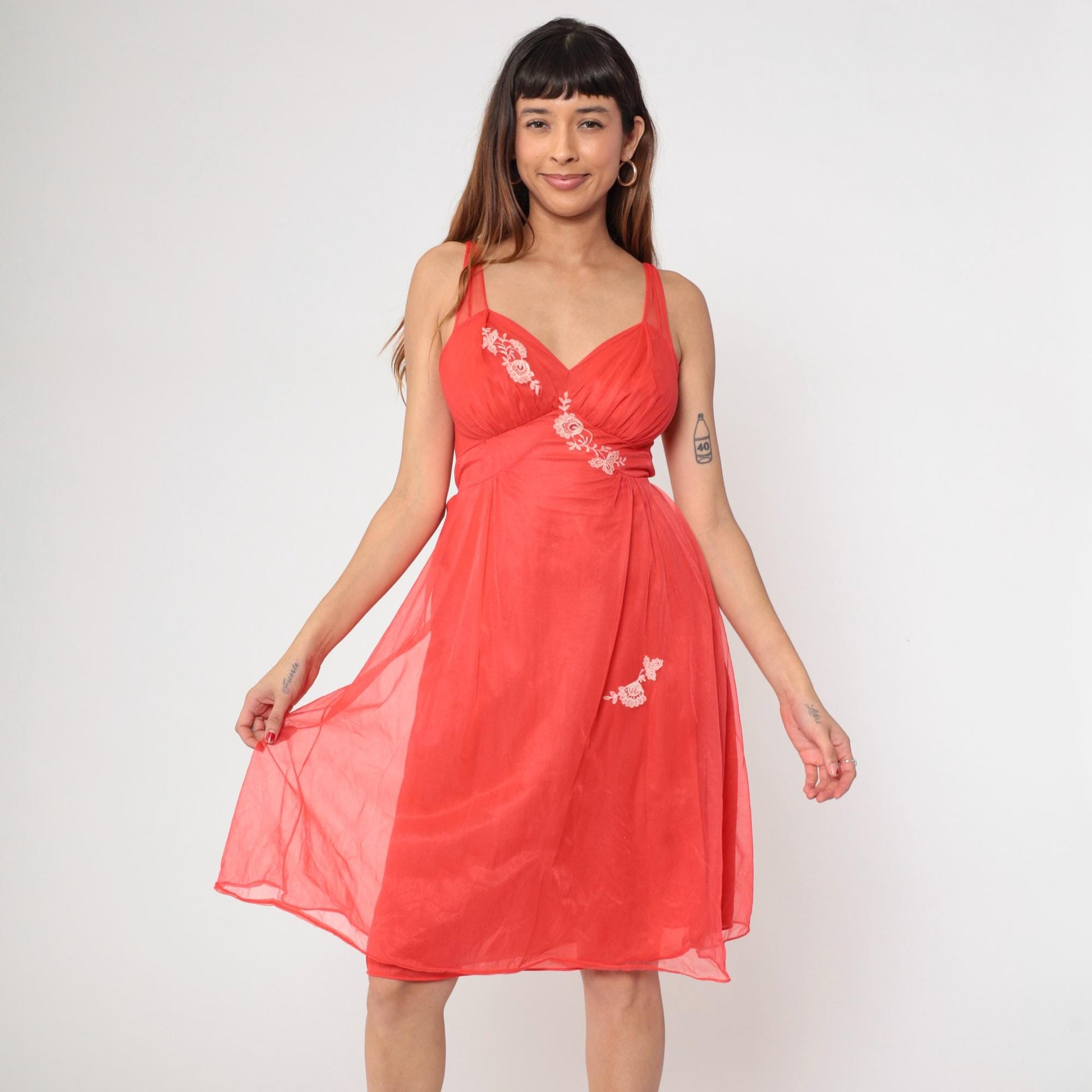 70s Red Nylon Lingerie Slip Dress Floral Embroidered Empire Waist Midi Medium
