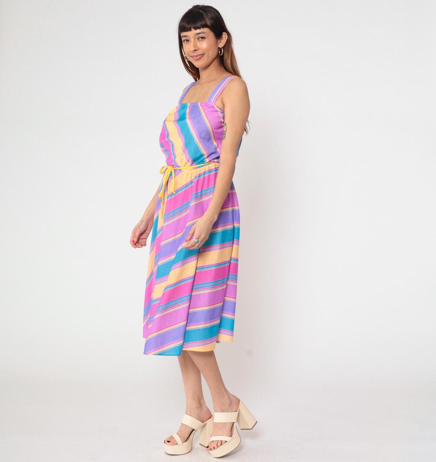 80s Pastel Rainbow Stripe Midi Sundress Square Neck Spaghetti Strap Small