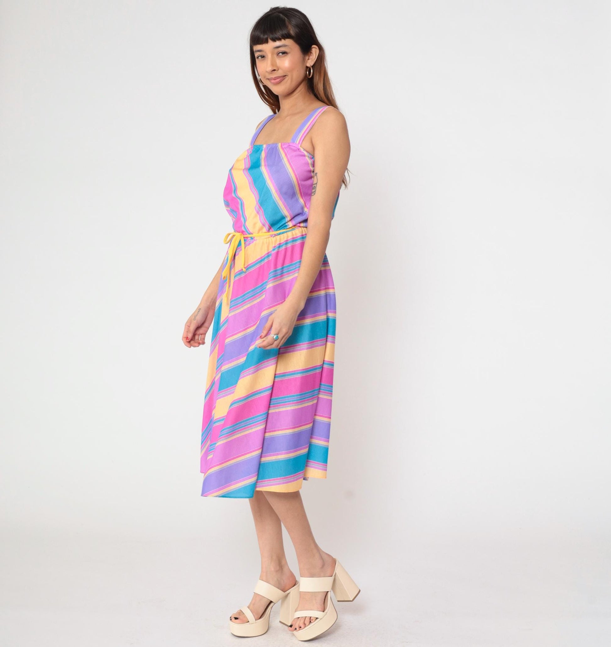 80s Pastel Rainbow Stripe Midi Sundress Square Neck Spaghetti Strap Small