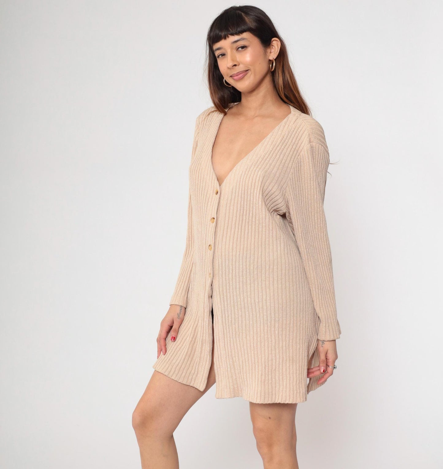 Y2K Kathryn Deene Ribbed Knit Cardigan Cream Button-Front V-Neck Medium