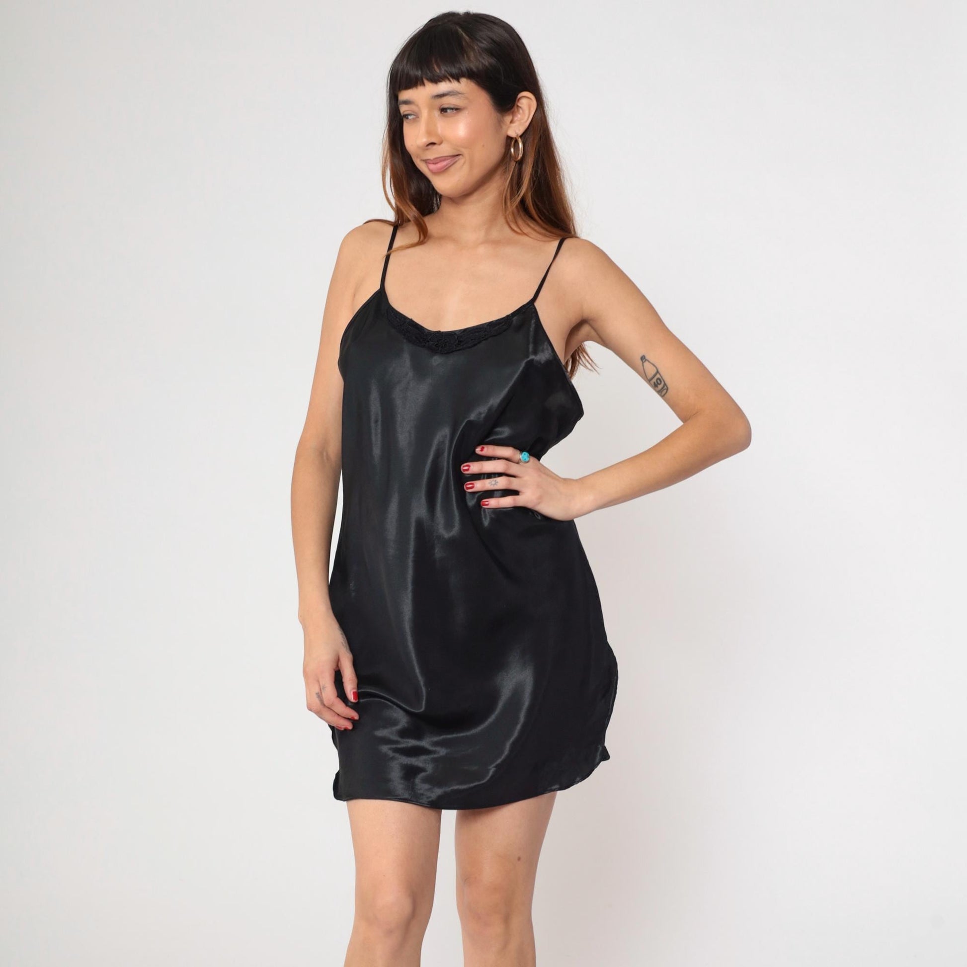 90s Black Satin Slip Dress Lace Trim V-Neck Spaghetti Strap Mini Large L