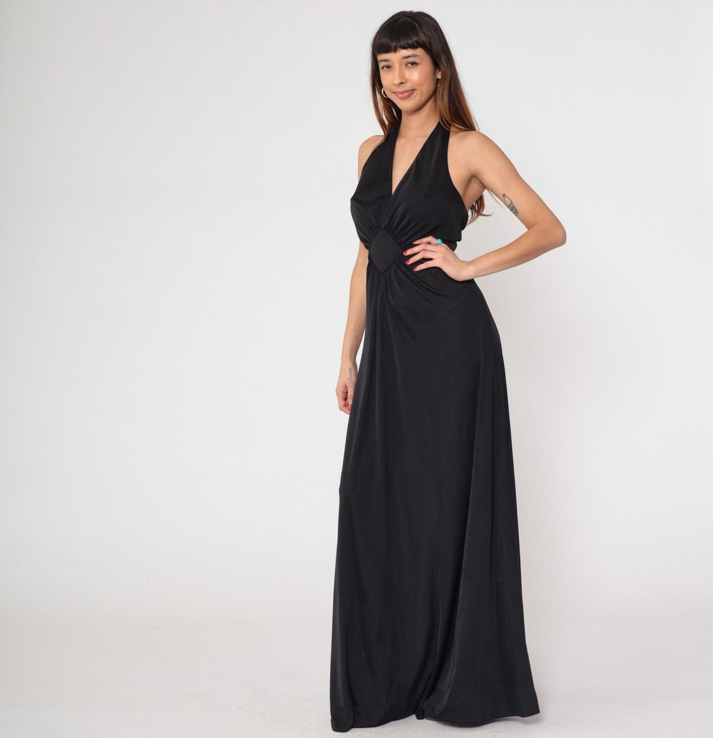 70s Black Halter Maxi Dress Plunging V Neck Open Back Empire Waist Medium