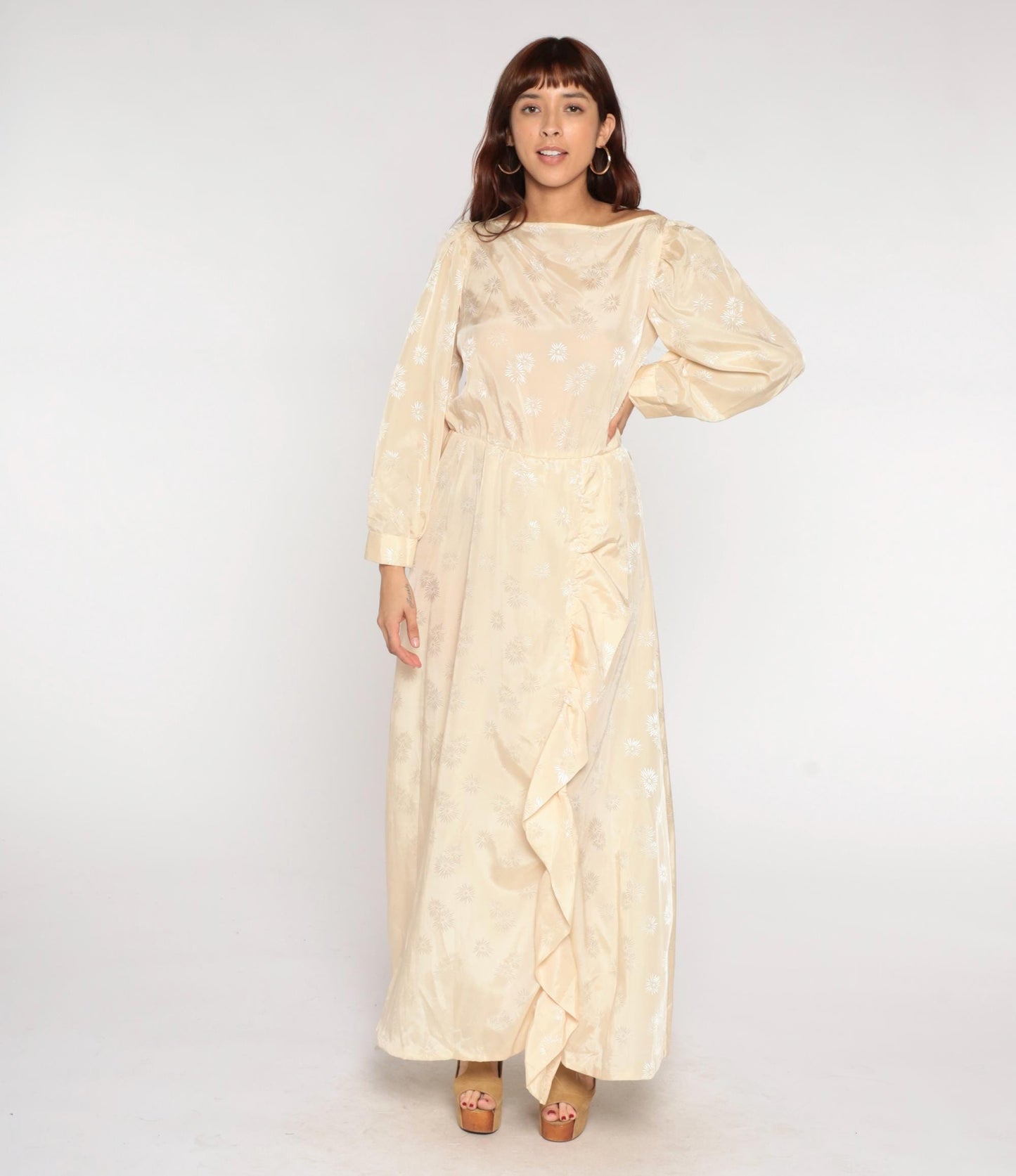 70s Cream Satin Maxi Dress Embroidered Ruffle Slit Bishop Sleeves Small