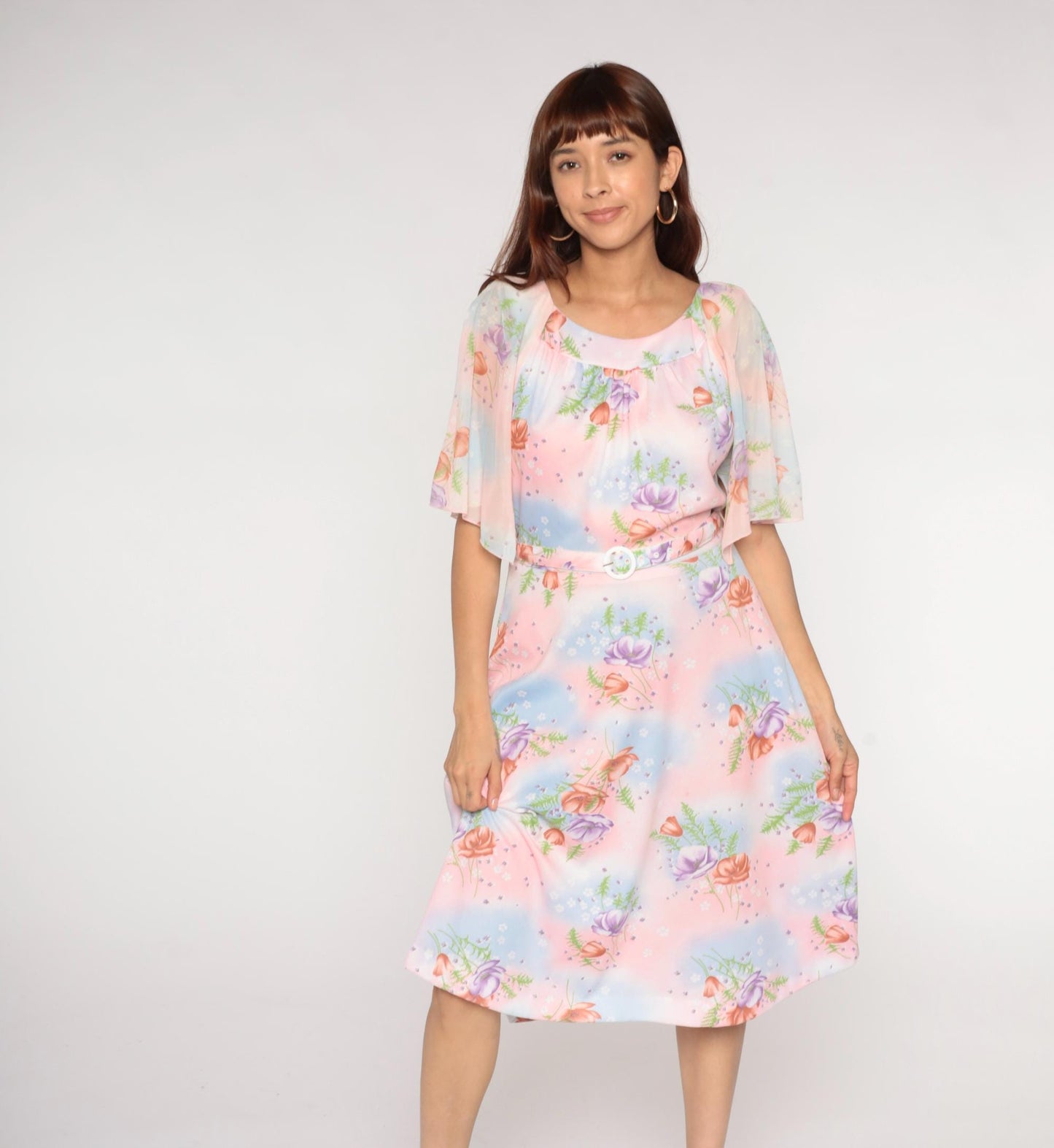 70s Lane Bryant Floral Midi Dress Pink Blue Rose Print Peter Pan Collar Large