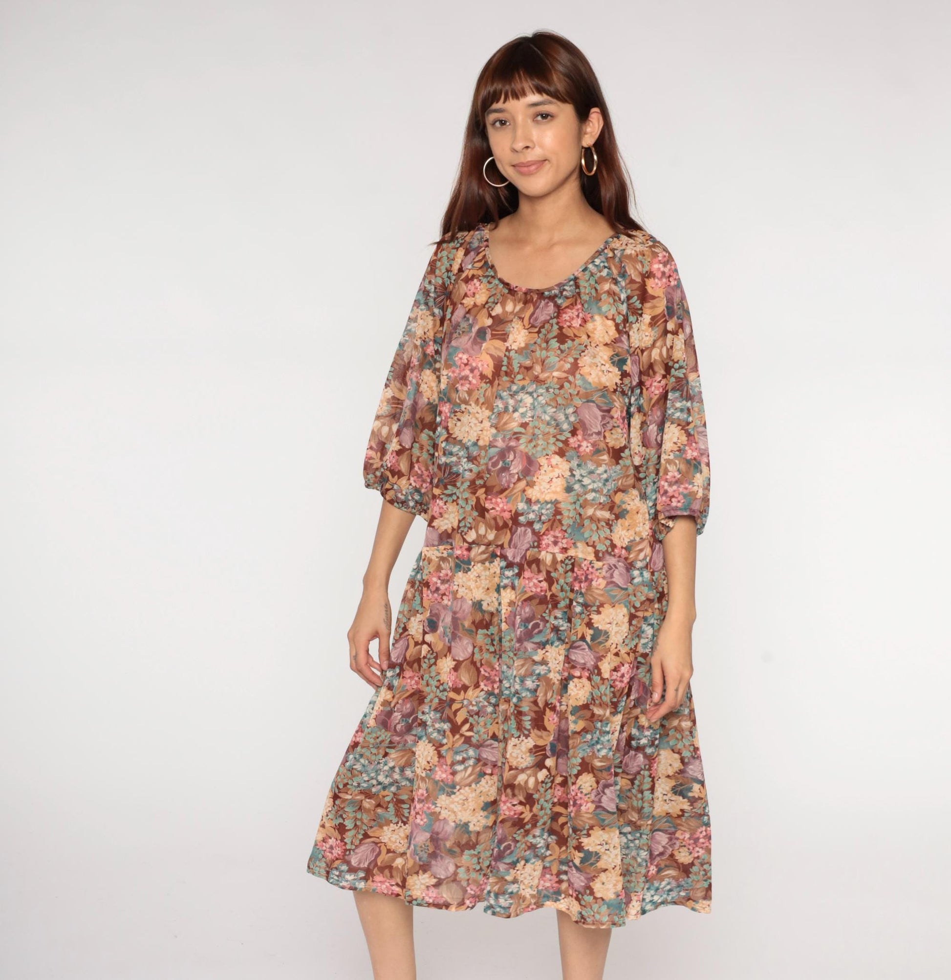 1970s Brown Floral Midi Dress Bishop Sleeve Earth Tone Mauve Teal Large