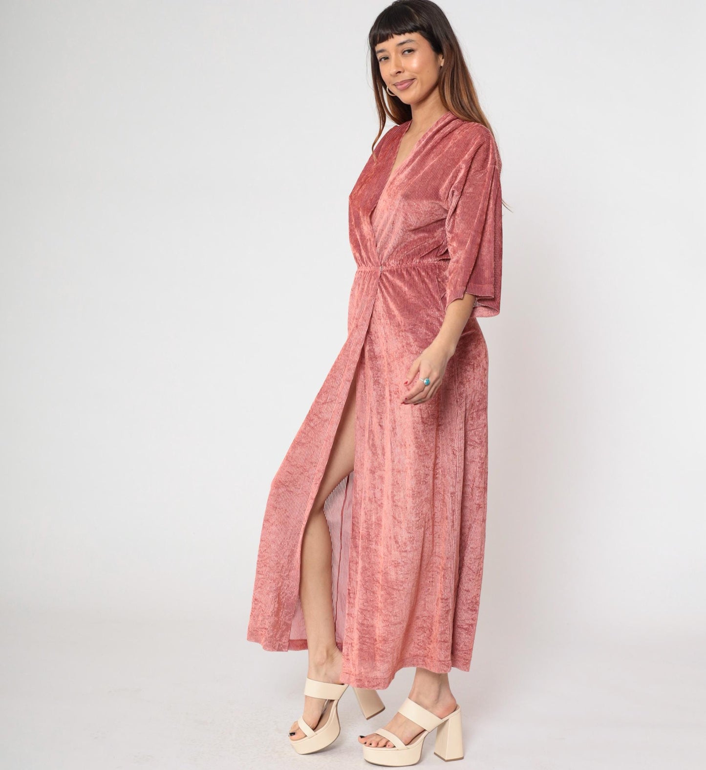 70s Dusty Rose Velour Maxi Robe Karessah Wrap Deep V Kimono Sleeve Small