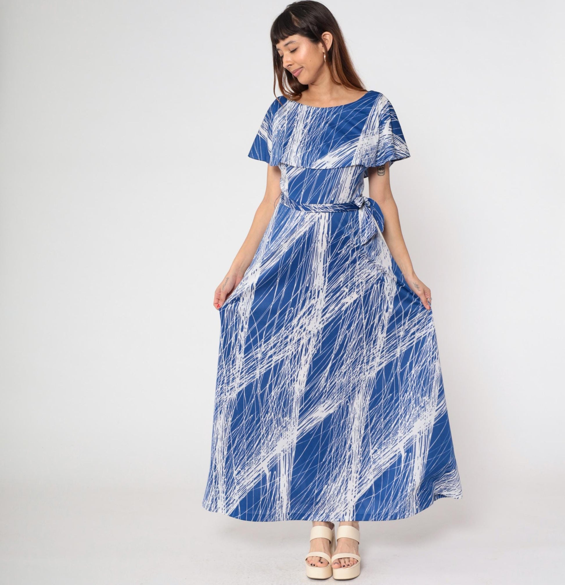 70s Mary Martin Maxi Dress Blue White Brushstroke Capelet Boat Neck Medium