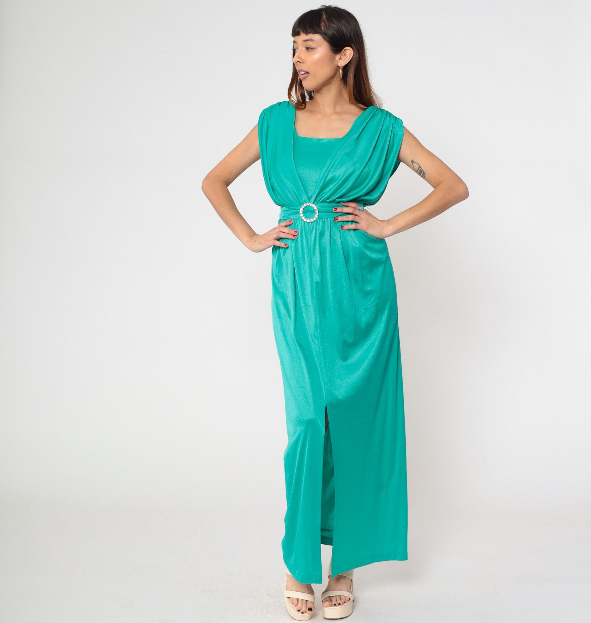 70s Mary Martin Teal Maxi Dress Rhinestone Buckle Square Neck Draped Slit Medium M