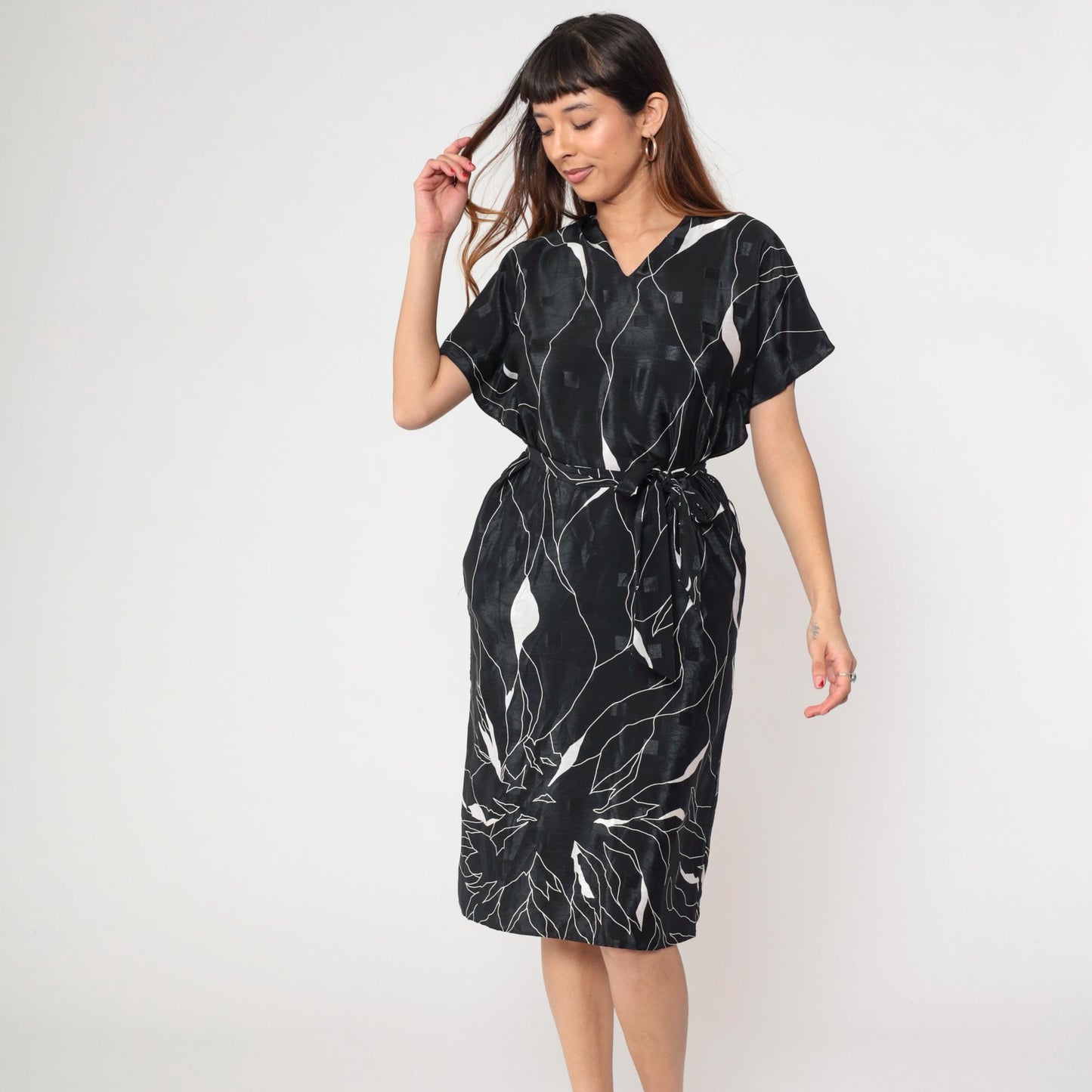 80s Brenner Petites Geometric Midi Dress Black White Abstract Print Belted Medium