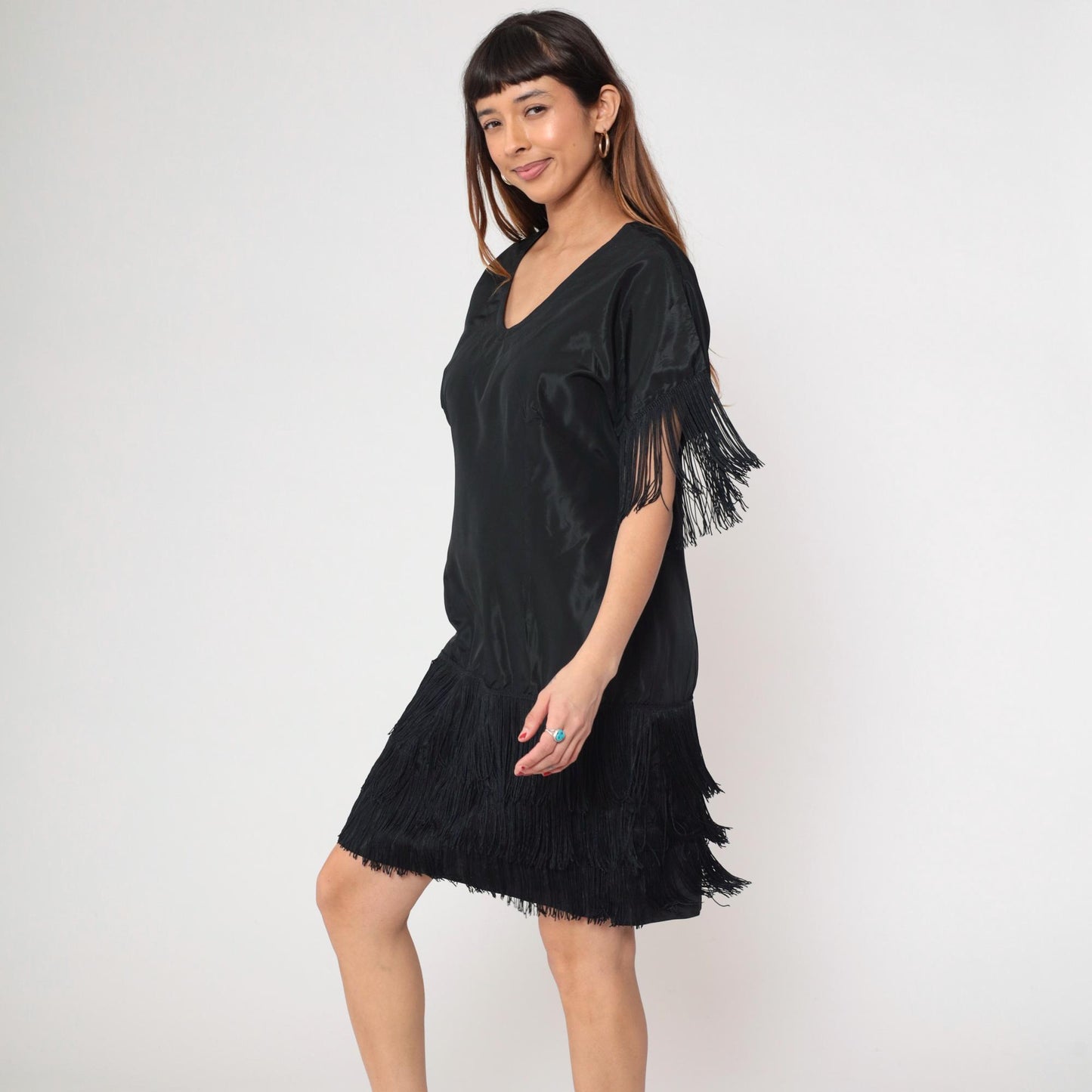 70s Black Fringe Mini Shift Dress V-Neck Tassel Sleeve Cocktail Medium M