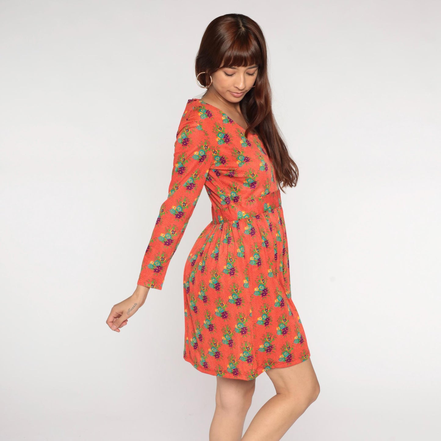 70s Avalon Classics Floral Mini Dress Coral Orange Empire Waist Long Sleeve Medium
