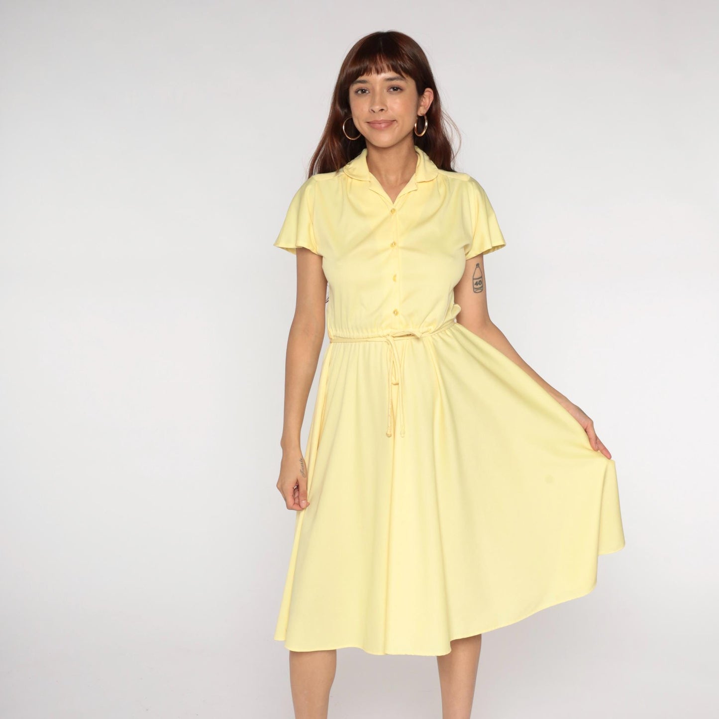 70s Union Made Pale Yellow Shirt Dress Midi Button Front Tie Belt Medium