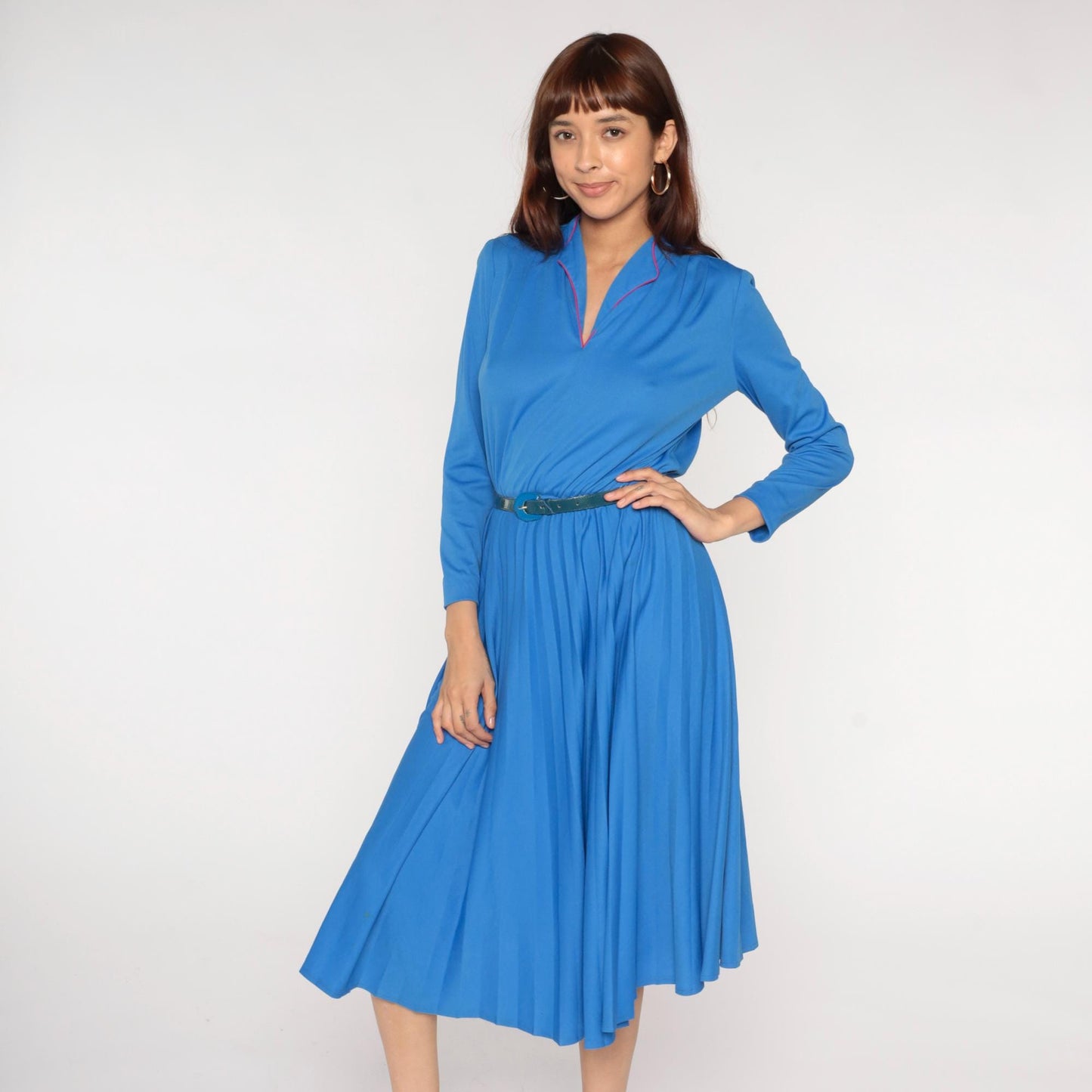 70s Royal Blue Midi Dress Red Piping Notch Collar Pleated Skirt Belt Medium Large