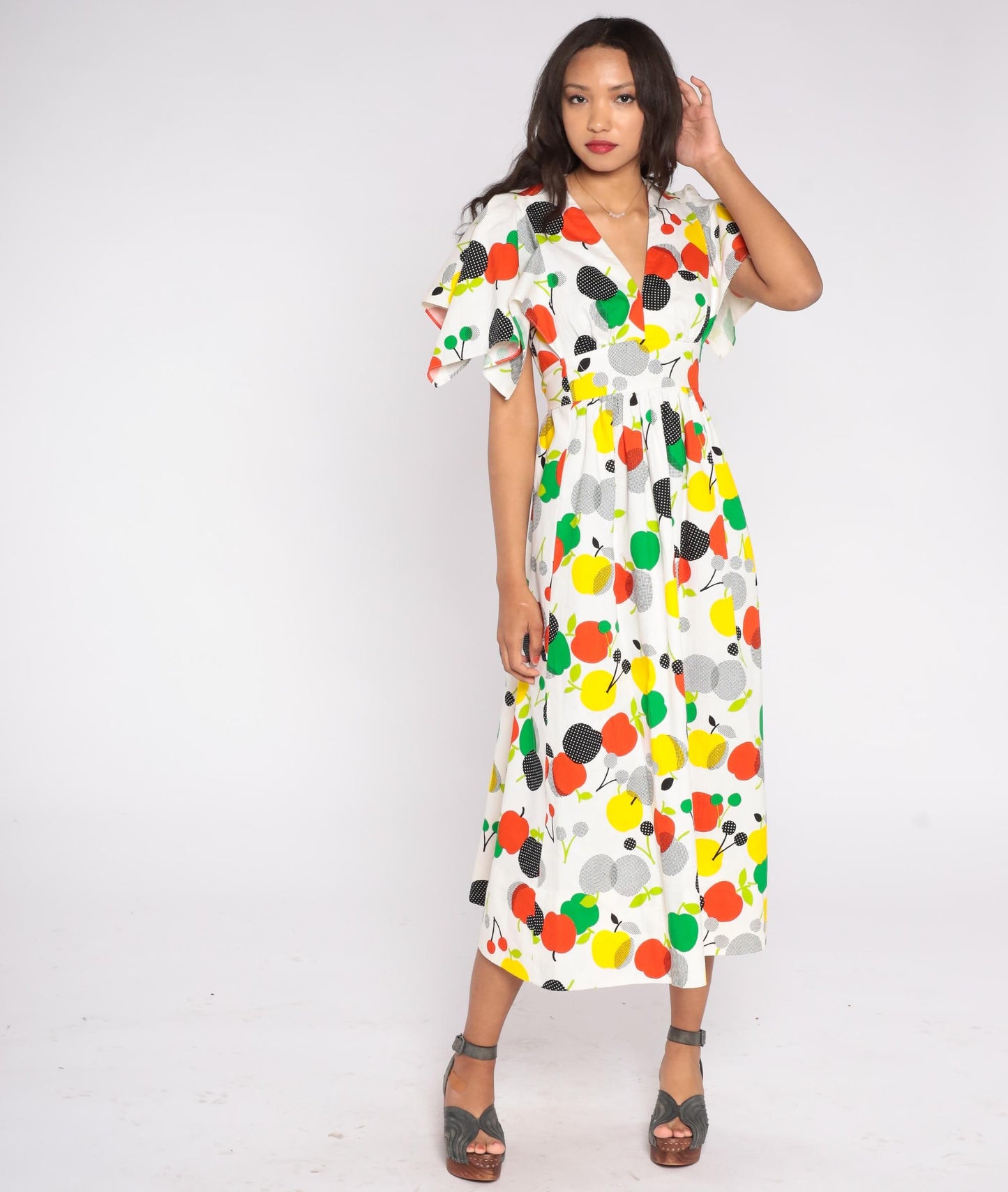 70s Apple Fruit Print Cotton Sundress Flutter Sleeve V-Neck White Medium