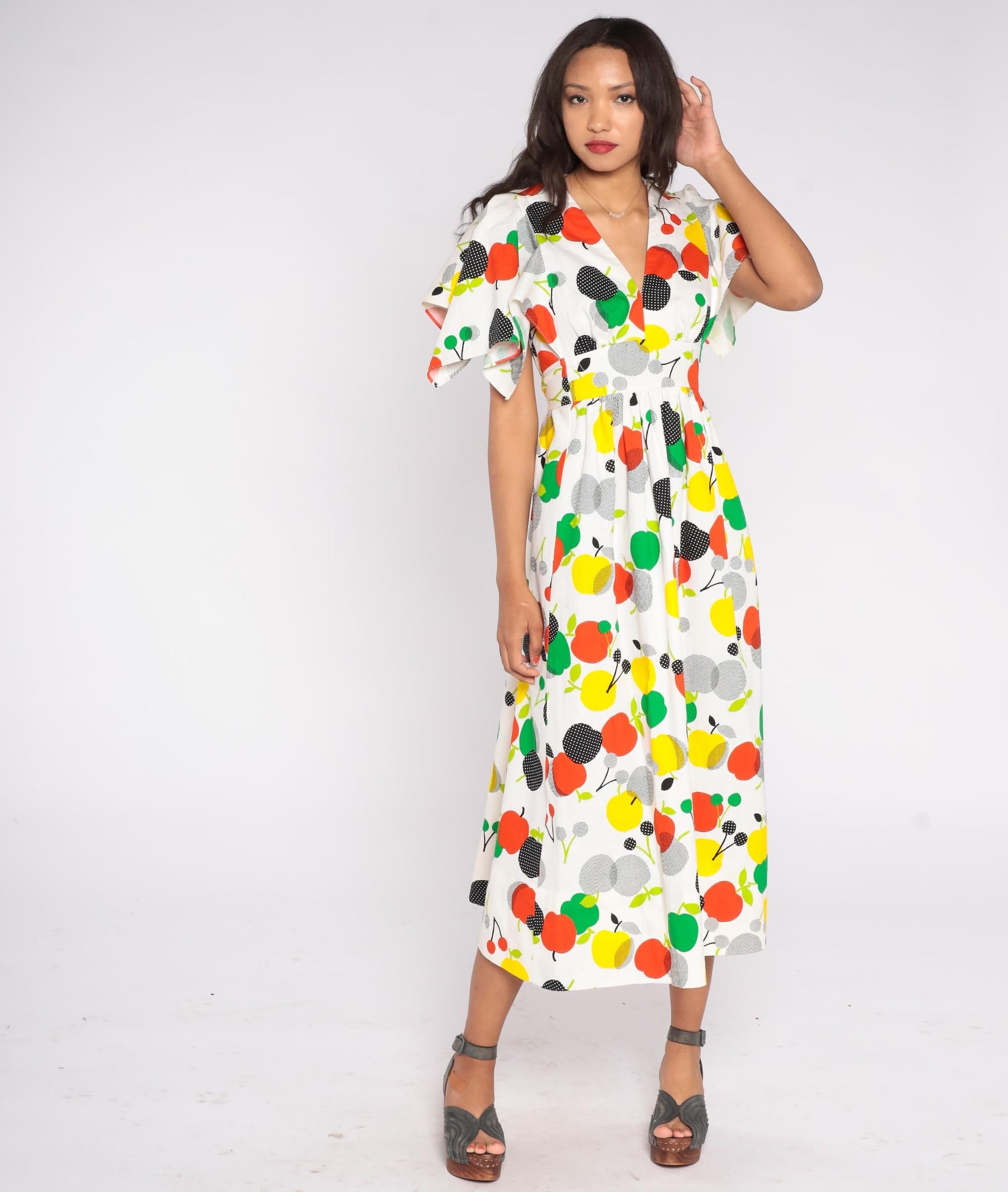 70s Apple Fruit Print Cotton Sundress Flutter Sleeve V-Neck White Medium