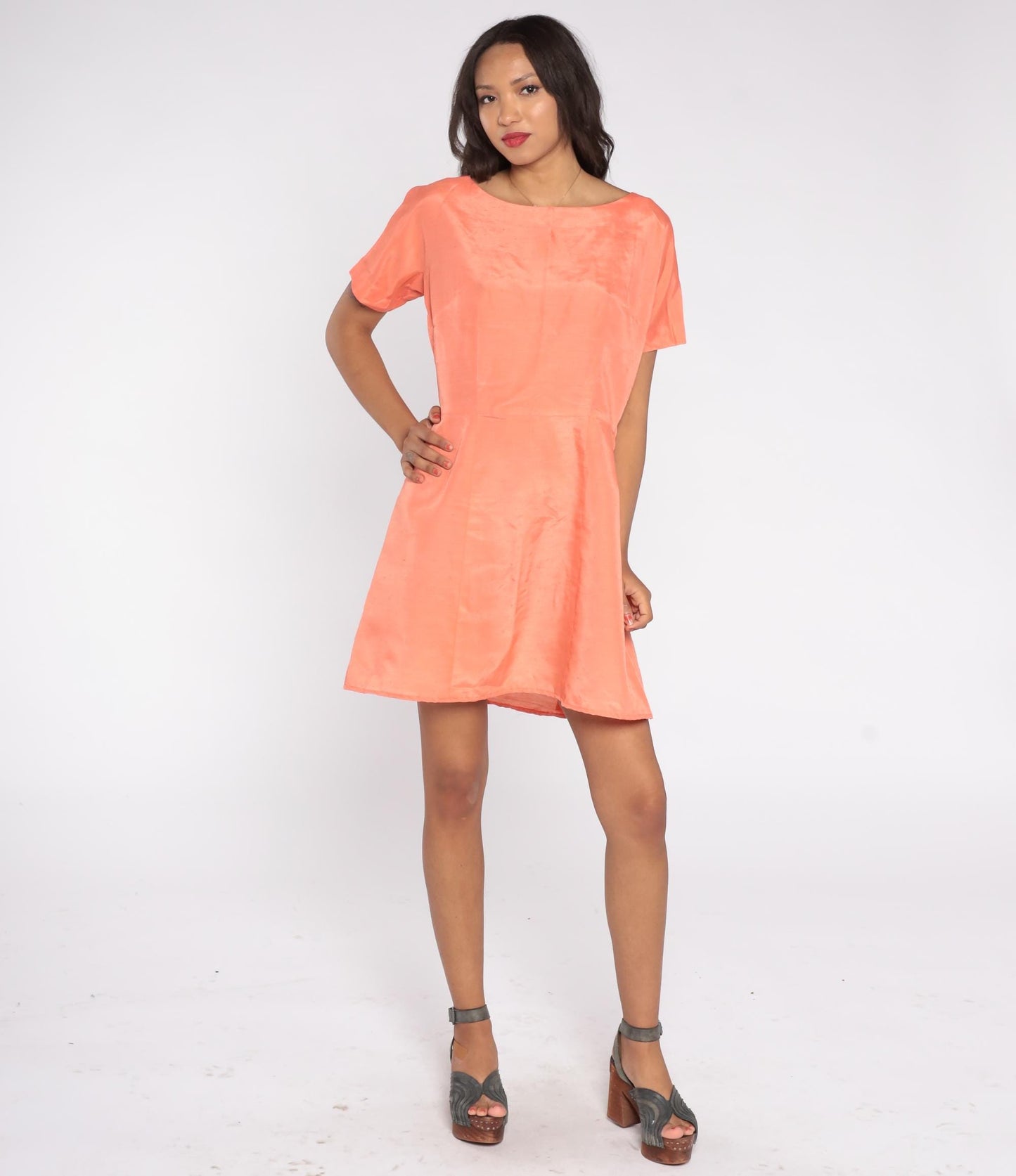 50s Coral Peach Boat Neck Midi A-Line Dress Short Sleeve Medium M