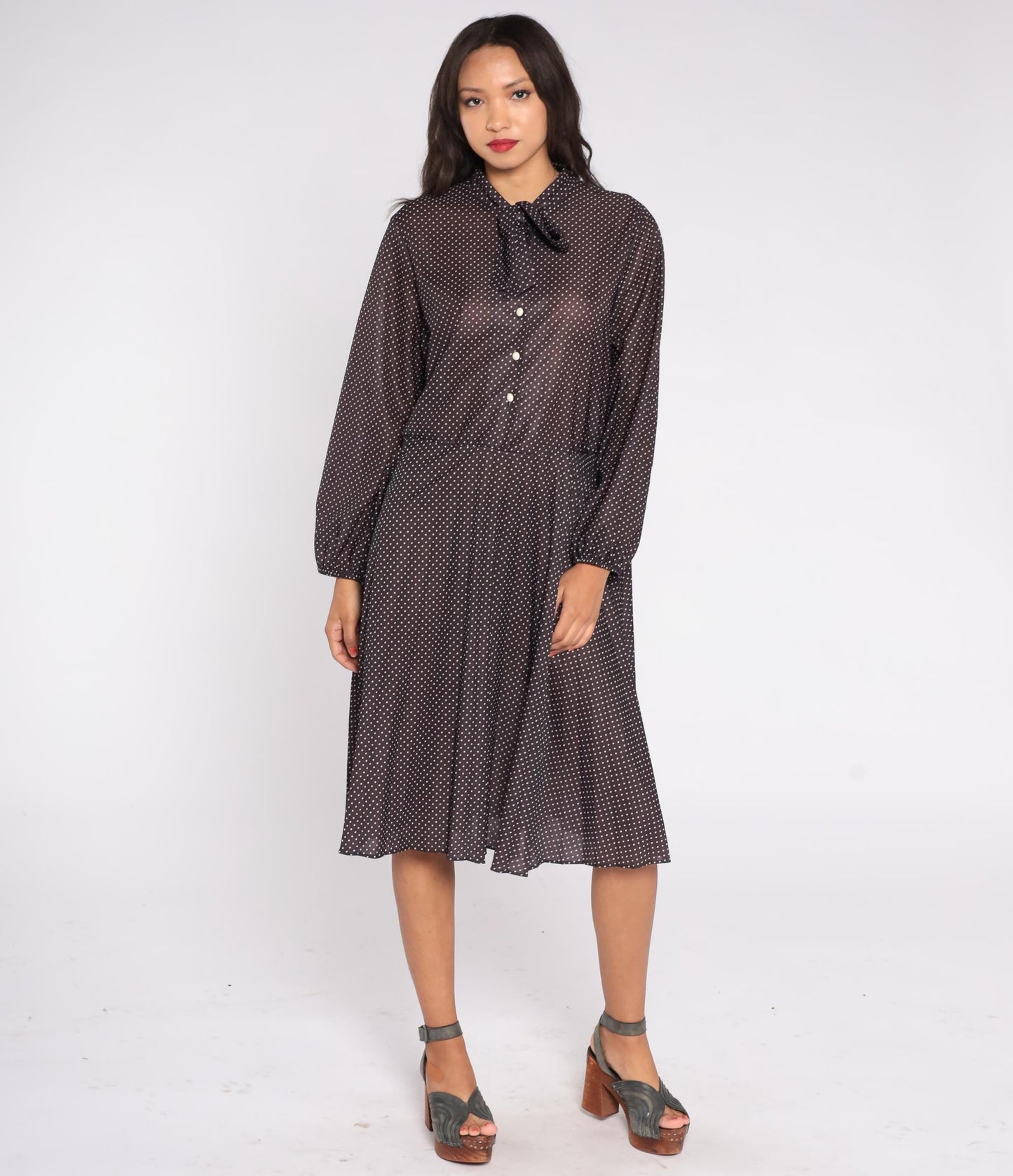 70s Brown Polka Dot Midi Dress Pussy Bow Neckline Button Front Pleated Extra Large