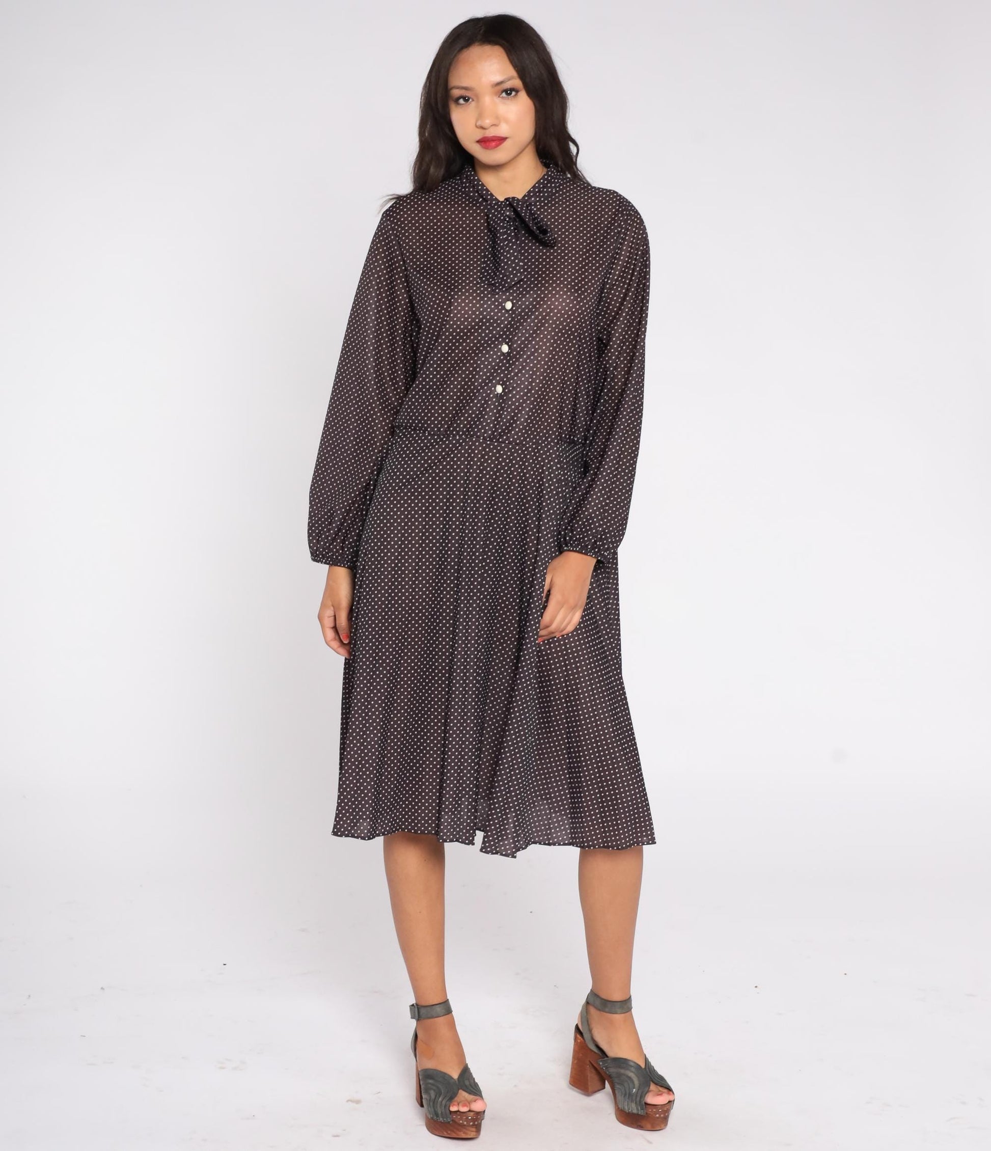 70s Brown Polka Dot Midi Dress Pussy Bow Neckline Button Front Pleated Extra Large