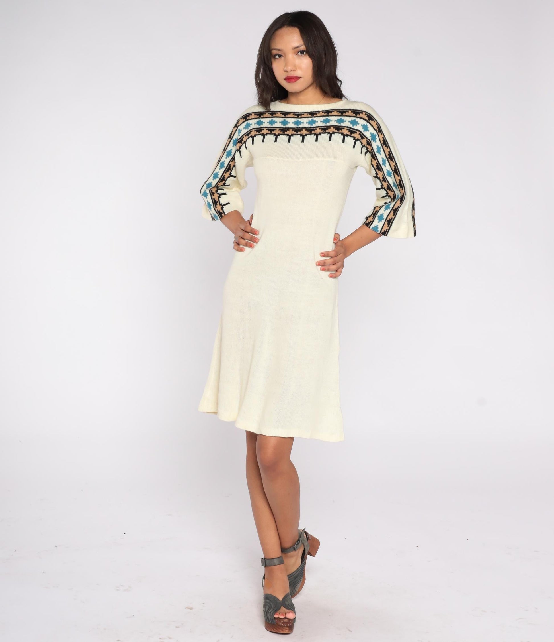 70s Cream Knit Sweater Dress Geometric Yoke Midi Flared Sleeve Small