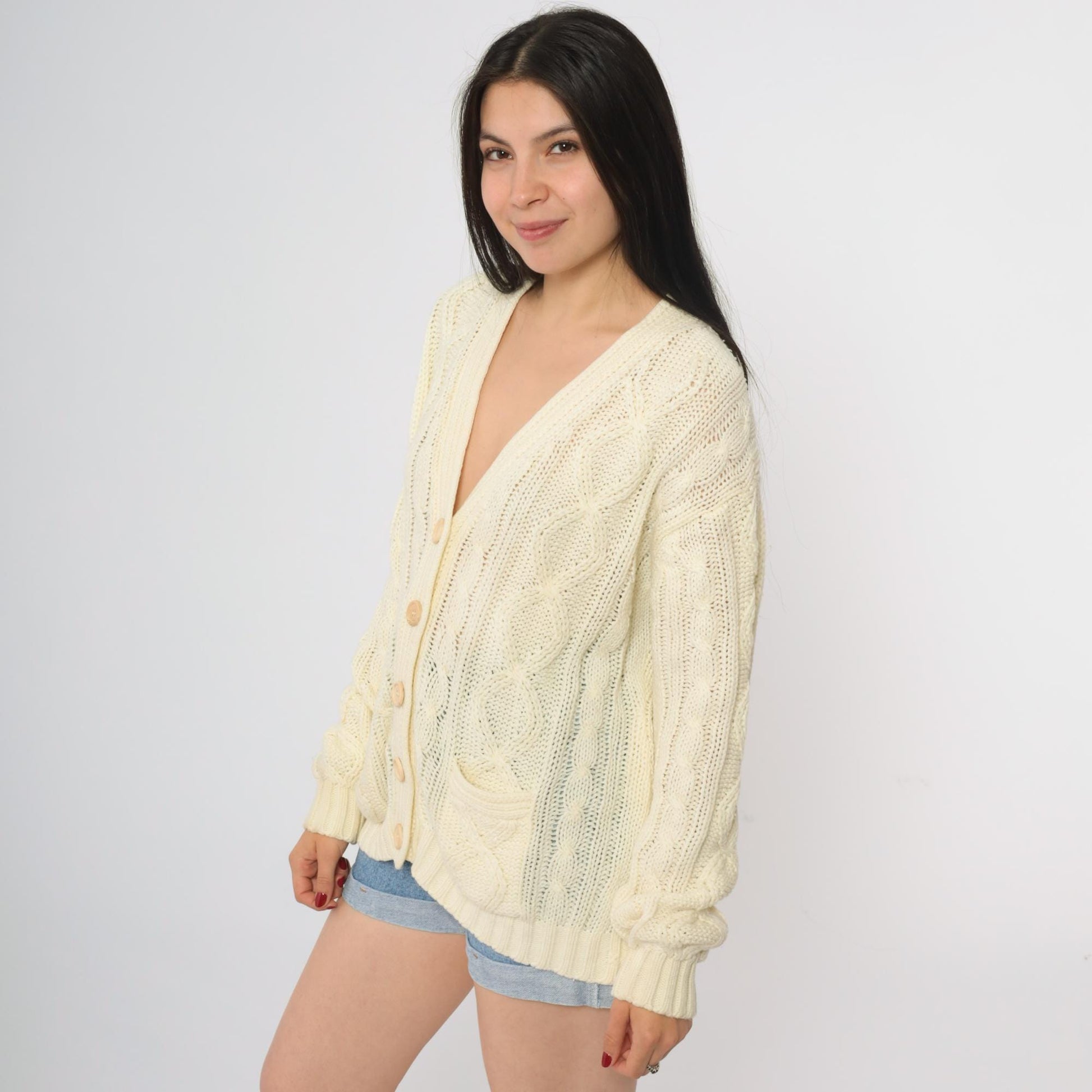 80s Cream Cable Knit Cardigan Deep V-Neck Button Front Chunky Knit Large