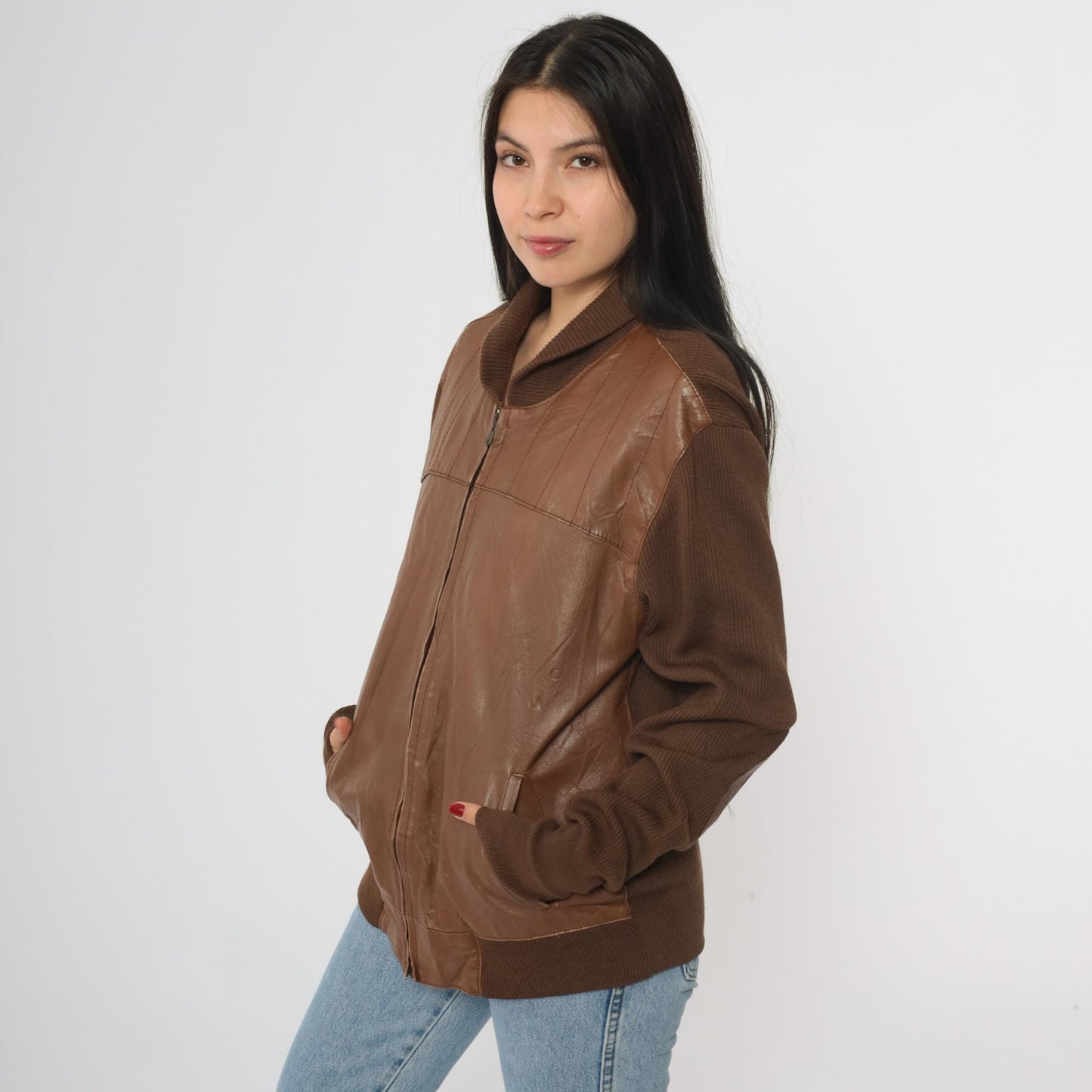 80s Torras Brown Leather Bomber Jacket Wool Knit Sleeves Elbow Patch Large