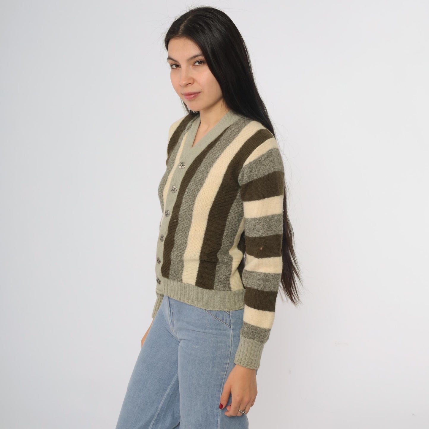 70s Striped Wool Cardigan Olive Green Brown Cream Button Front Extra Small XS