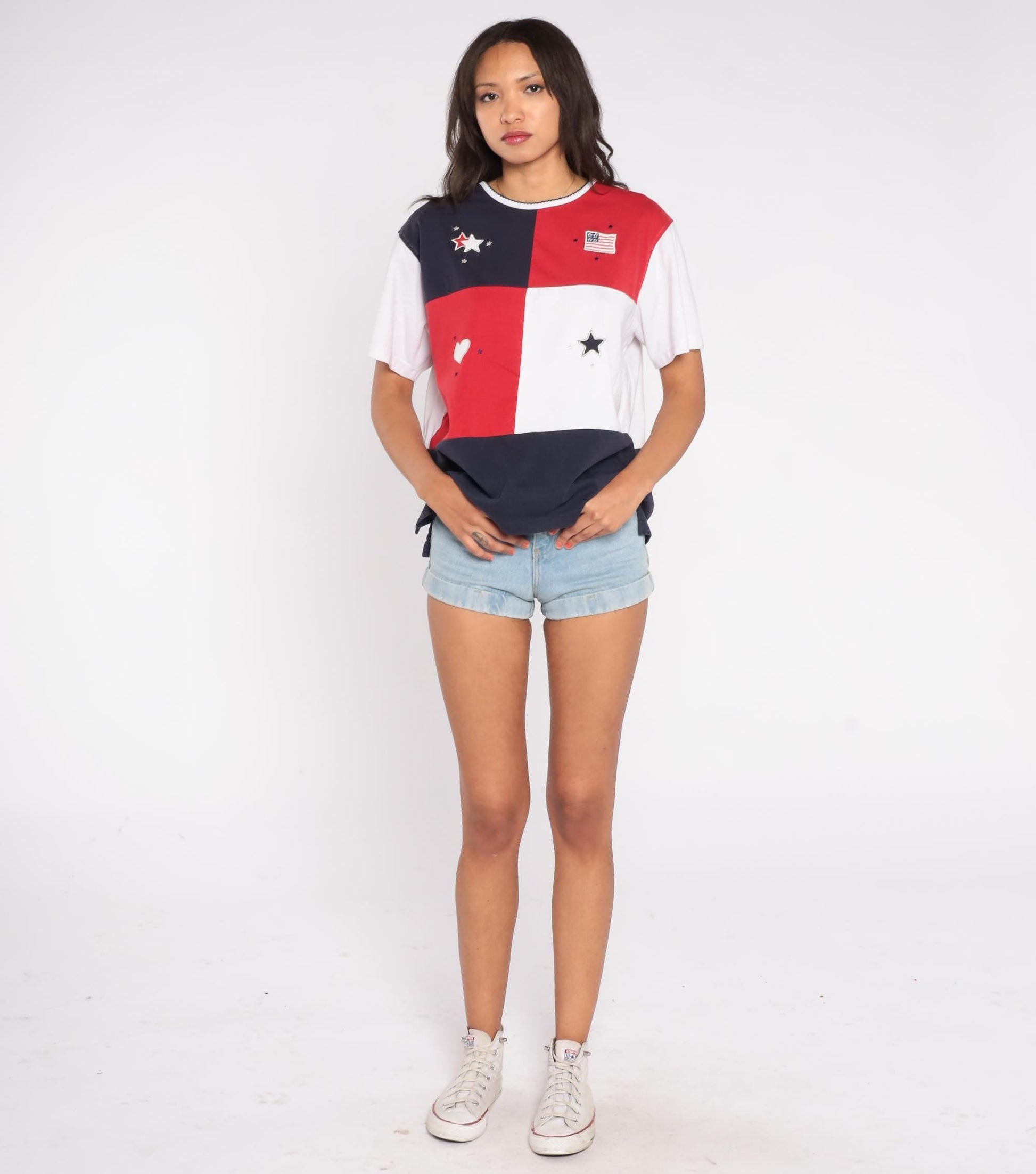 90s Studio Works American Flag Colorblock T-Shirt Red White Navy Large L