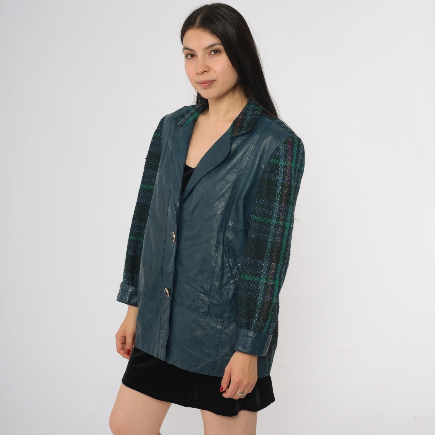 80s Blue Vinyl Plaid Wool Blazer Green Tartan Mixed Material Medium
