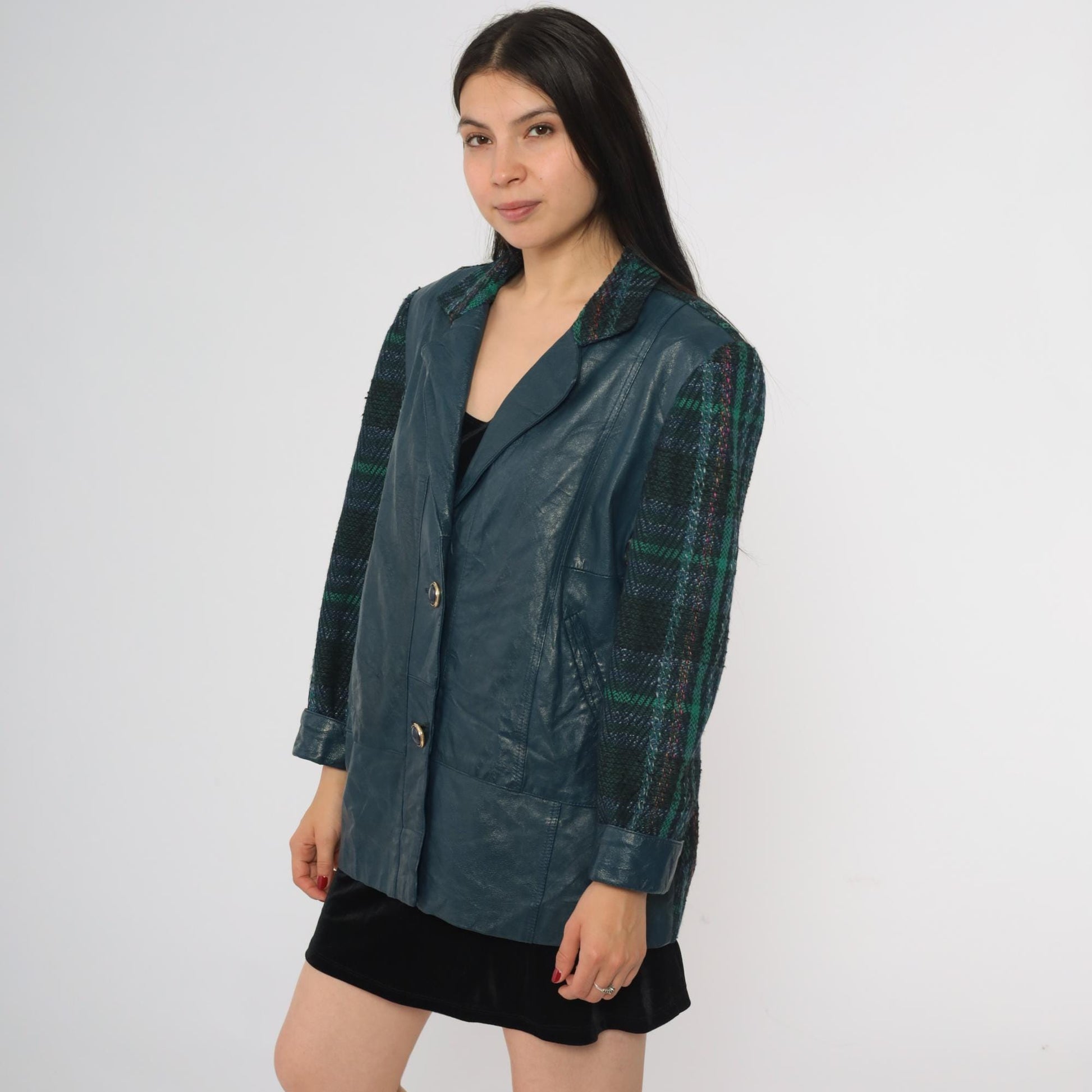 80s Blue Vinyl Plaid Wool Blazer Green Tartan Mixed Material Medium
