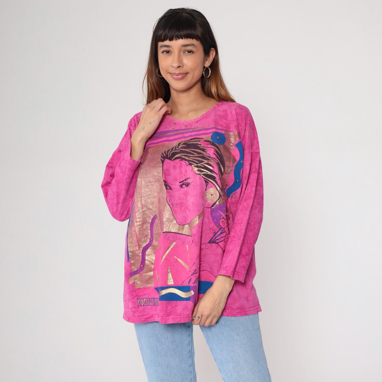 00s Artistic Portrait Graphic Tee Hot Pink Gold Metallic 3/4 Sleeve Medium Large