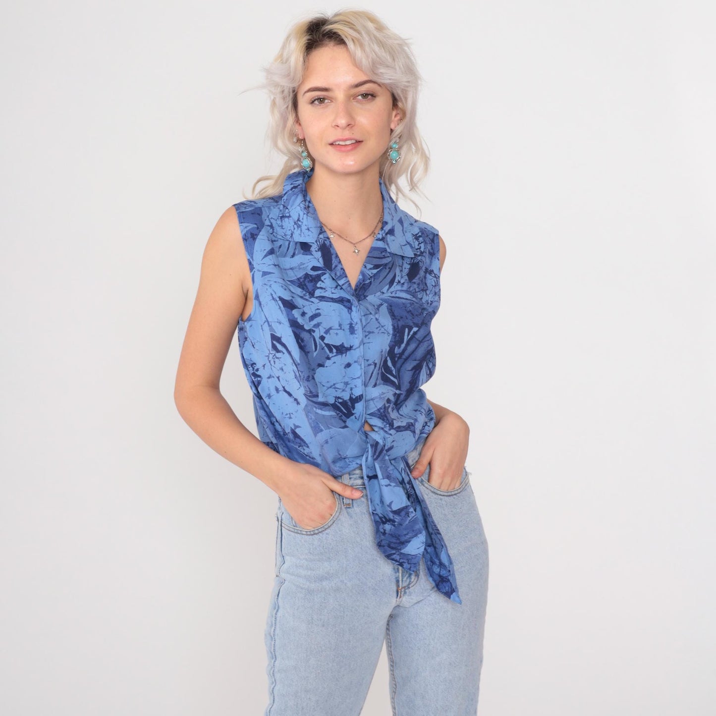 Y2K Blue Silk Crop Top Tropical Leaf Print Tie Front Collared Blouse Medium M