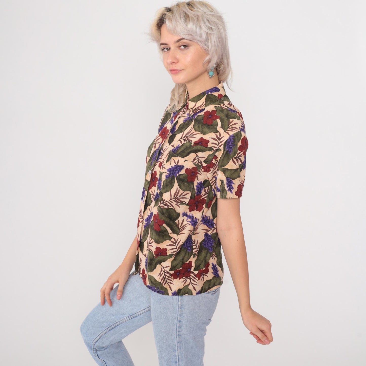 90s Selene Sport Silk Floral Button-Down Blouse Beige Hibiscus Small S
