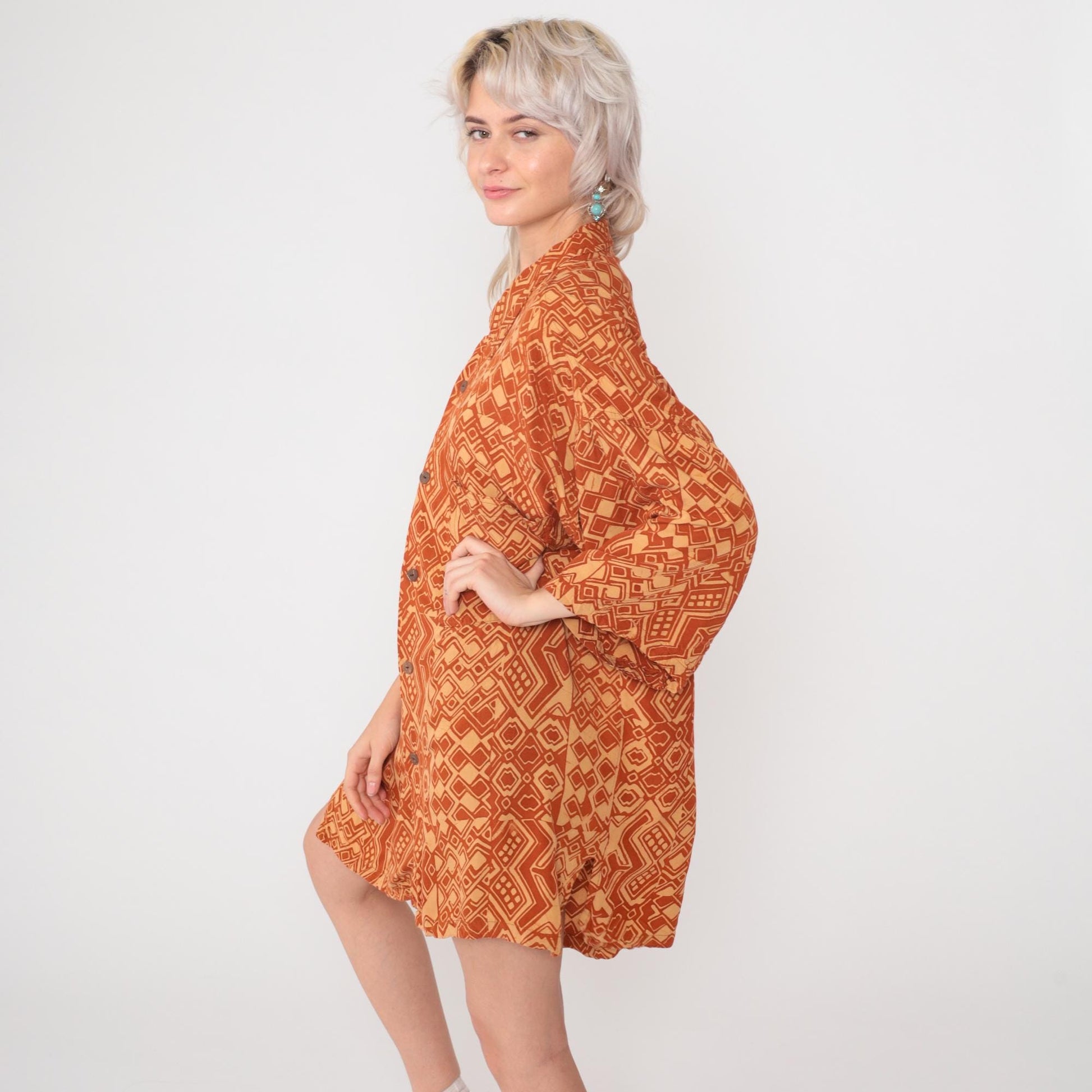 90s Noa Noa Hawaiian Shirt Dress Orange Rayon Tapa Print Midi XL