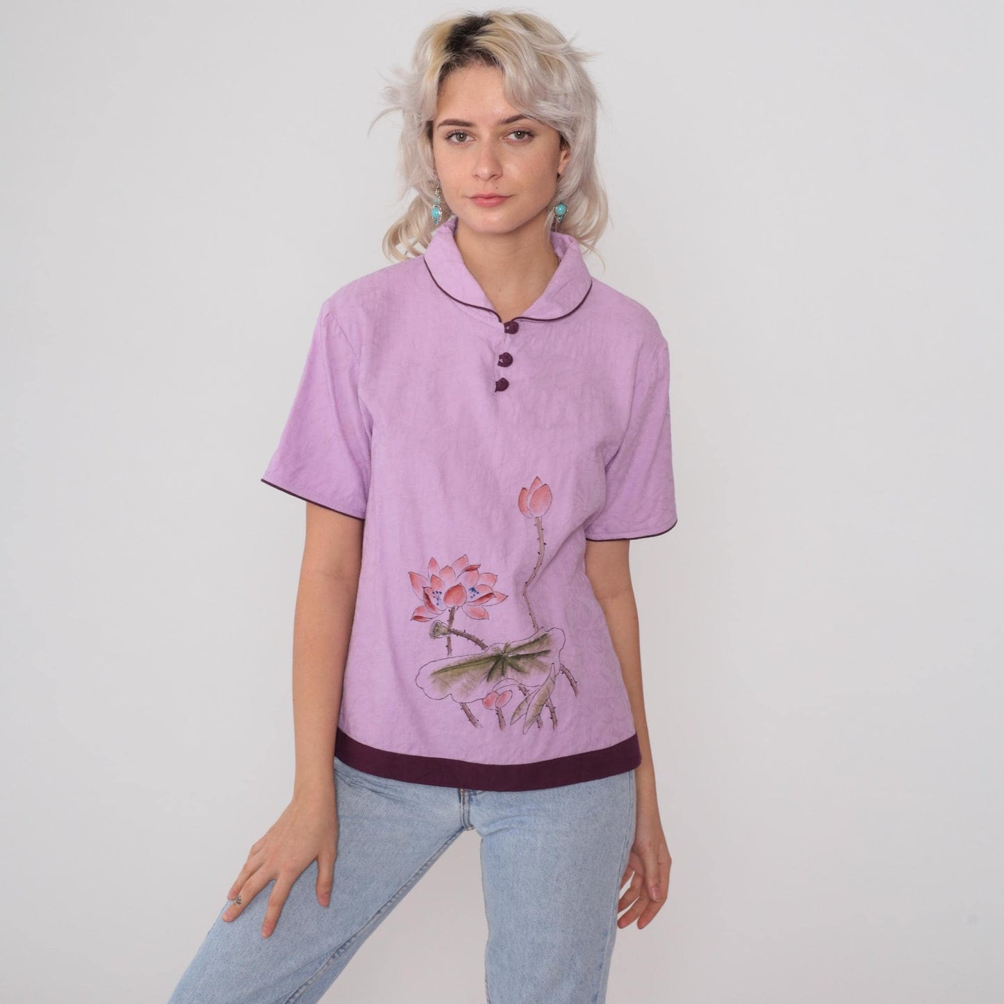 Y2K Lotus Flower Silk Henley Top Lavender Purple Piping Short Sleeve Large L