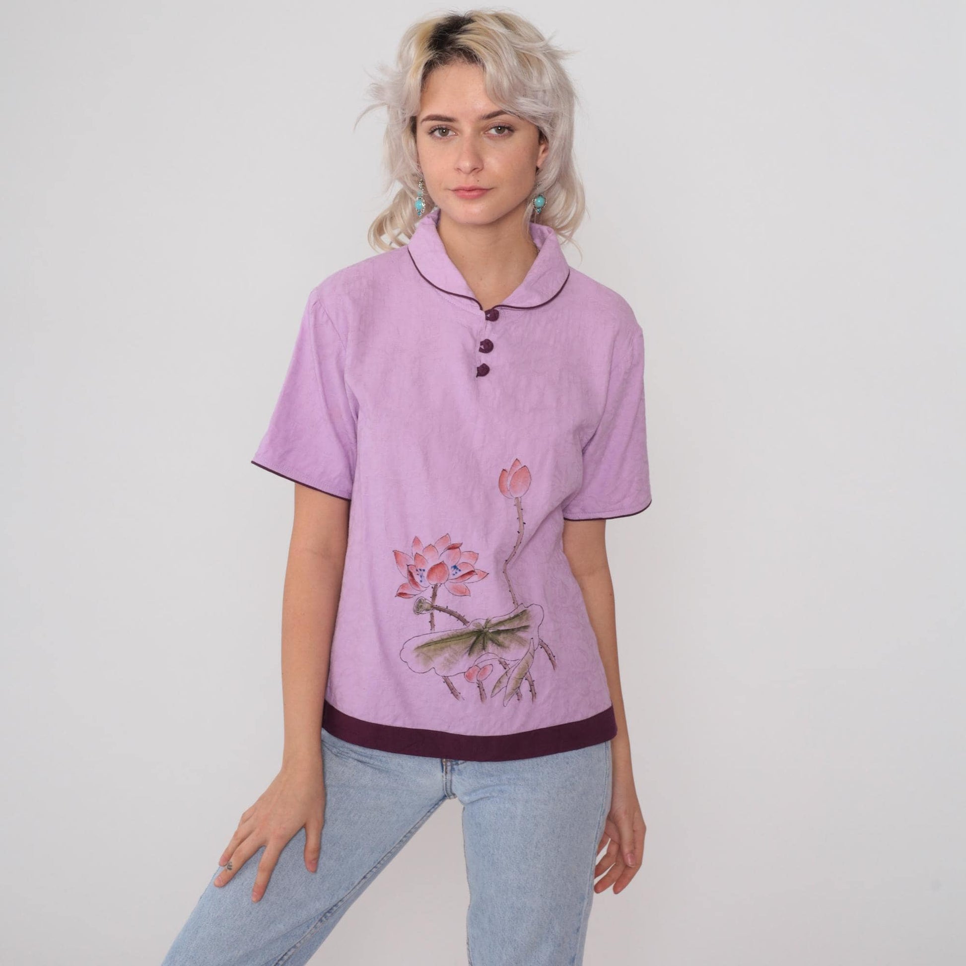 Y2K Lotus Flower Silk Henley Top Lavender Purple Piping Short Sleeve Large L