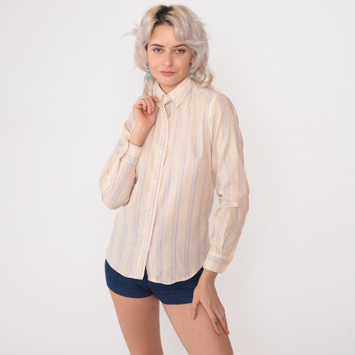 80s Mr Witt Striped Button Down Oxford Shirt Cream Lavender Blue Small S