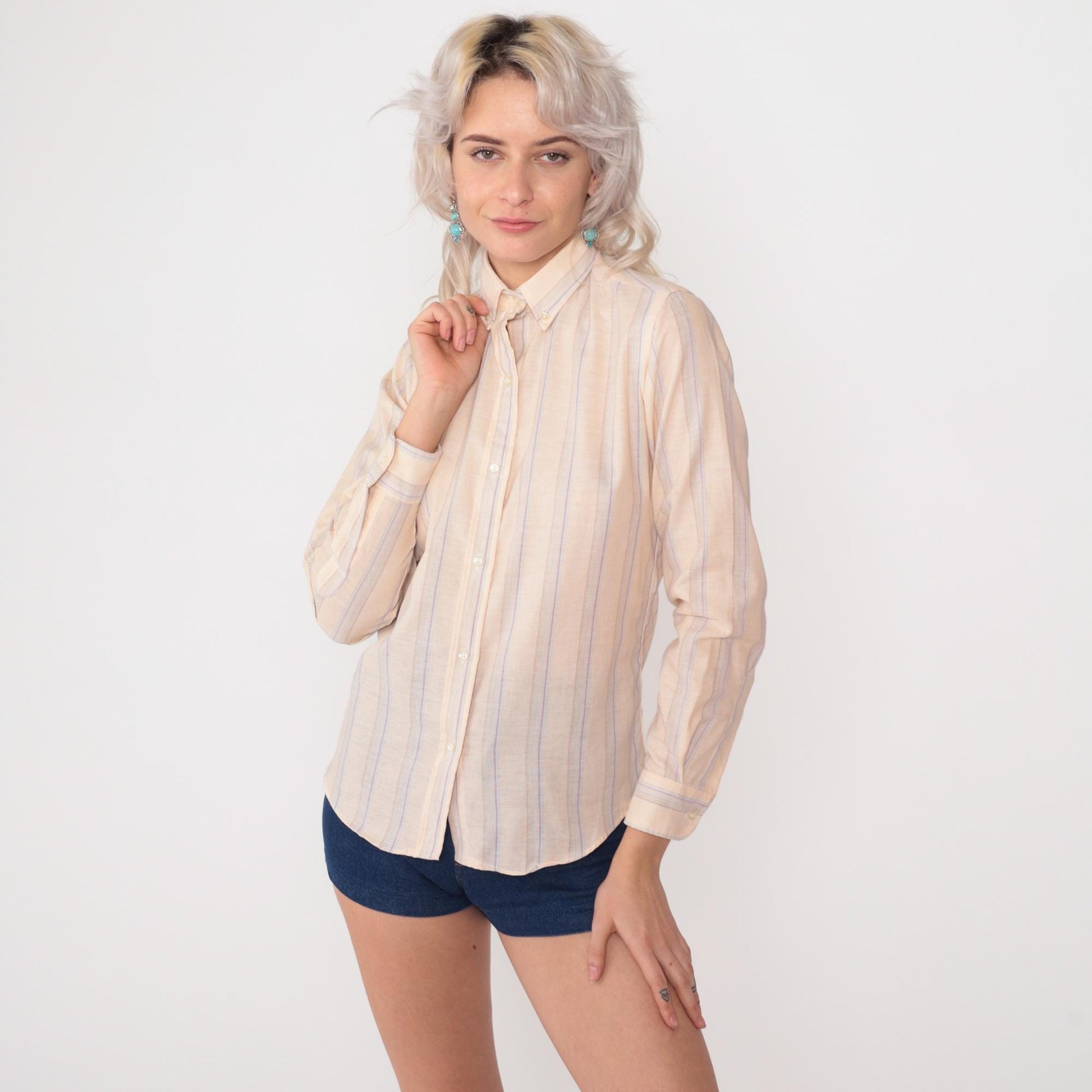 80s Mr Witt Striped Button Down Oxford Shirt Cream Lavender Blue Small S