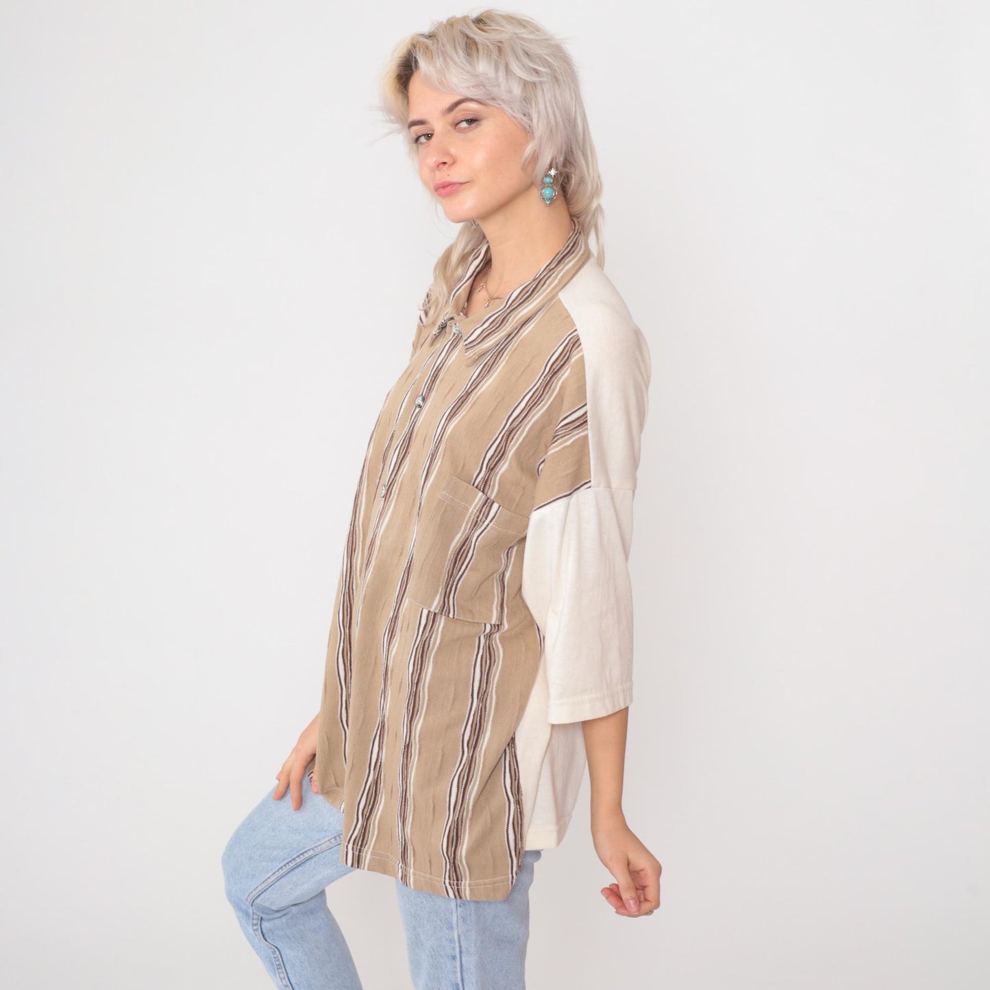 90s Raw Rags Striped Colorblock Button Up Shirt Tan Cream Brown Large L