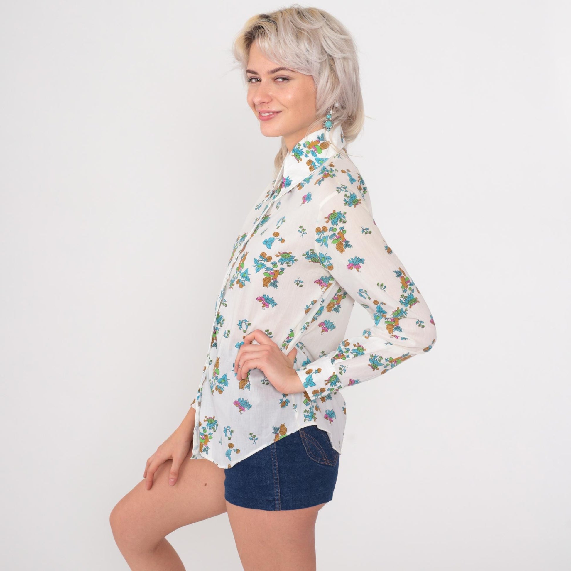 70s Animal Print Button Down Shirt Owl Turtle White Cotton Small S