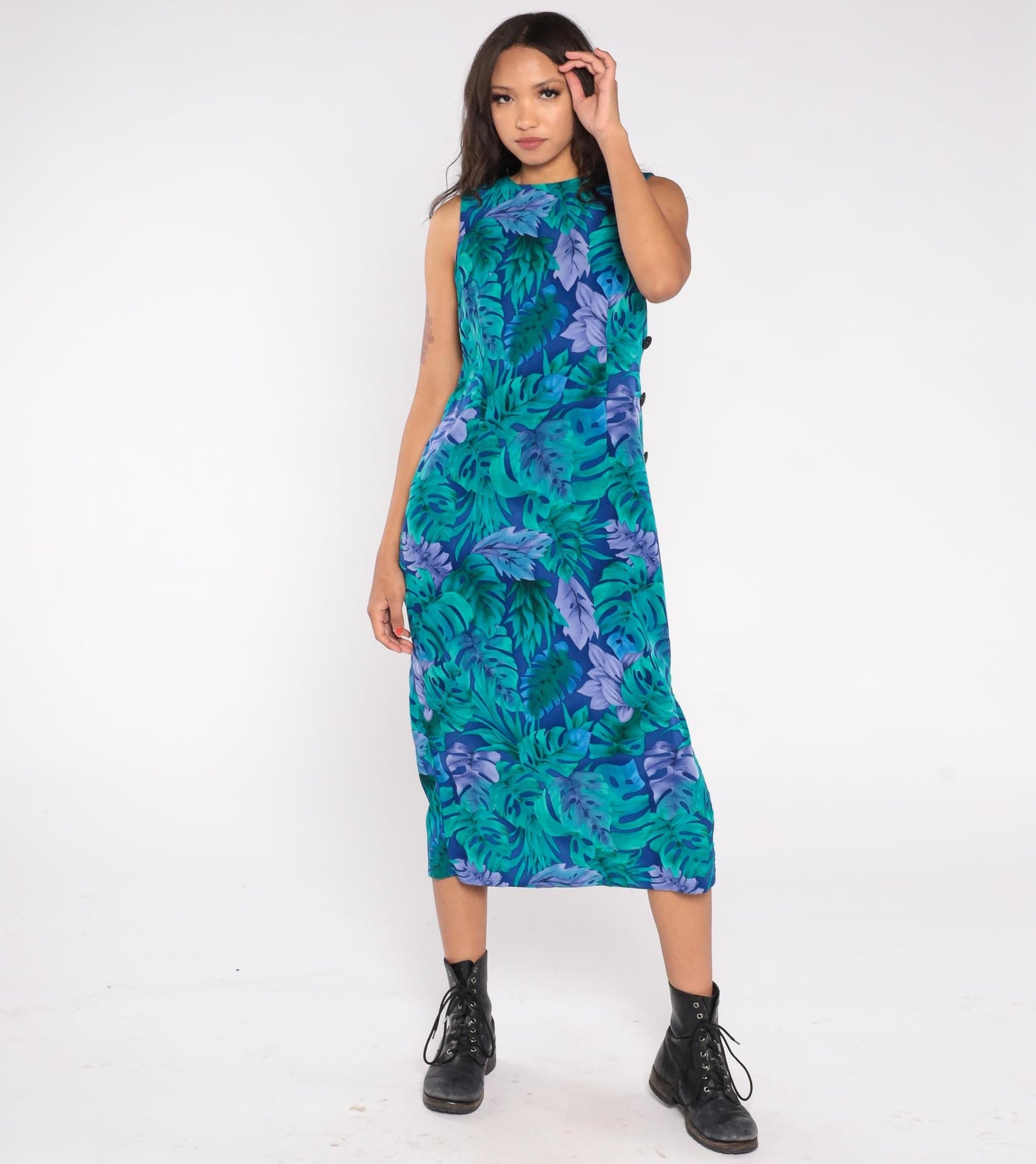 90s R&K Originals Botanical Maxi Dress Emerald Teal Lavender Navy Size 8